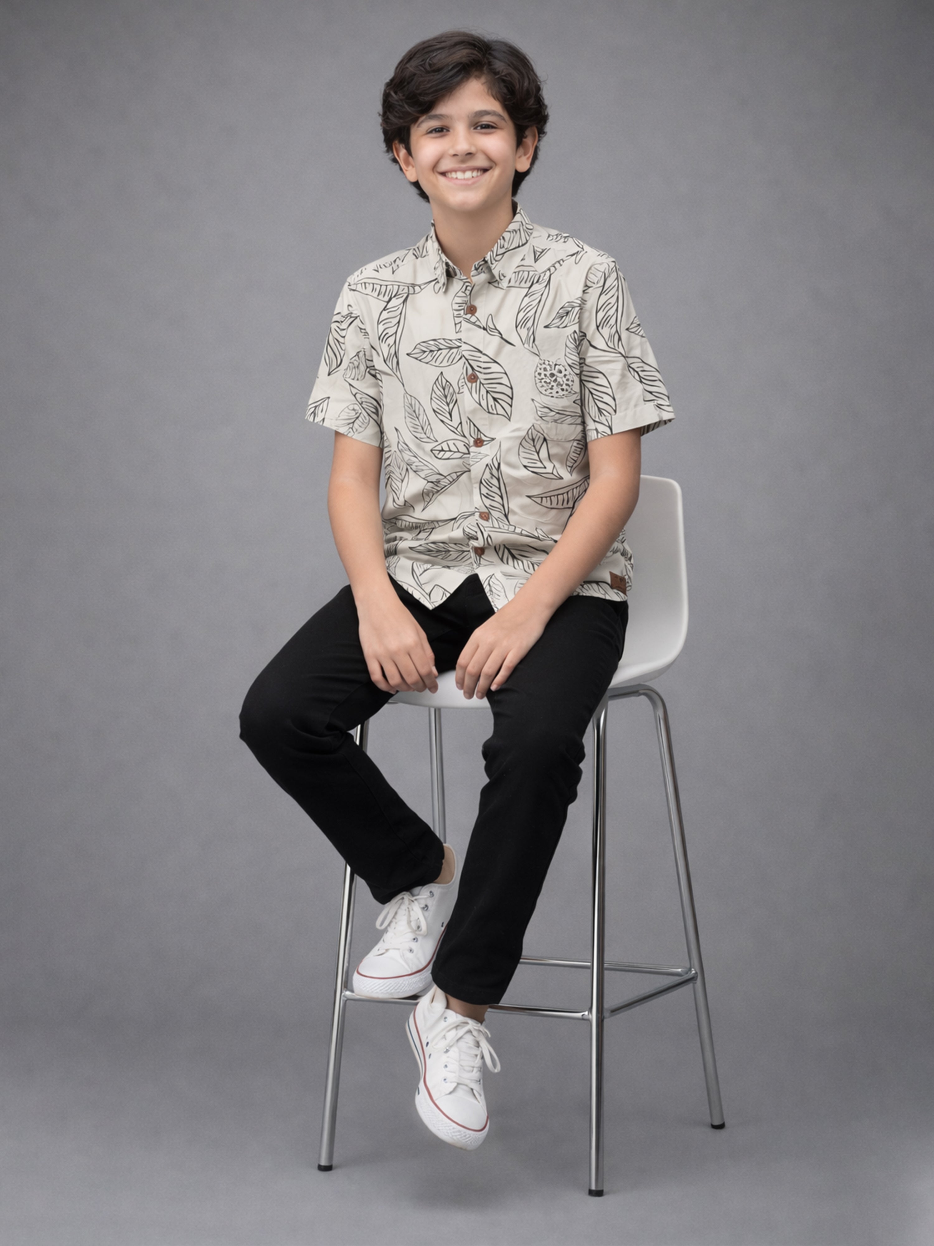 BOYS Cotton Leaf Print Shirt White-(BRS-6677-015-0308-1WH)