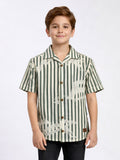BOYS ALPHABET STRIPED CUBAN COLLAR SHIRT GREEN-(BCUS-7216-011-0308-2GR)