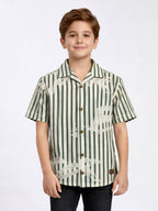 BOYS ALPHABET STRIPED CUBAN COLLAR SHIRT GREEN-(BCUS-7216-011-0308-2GR)