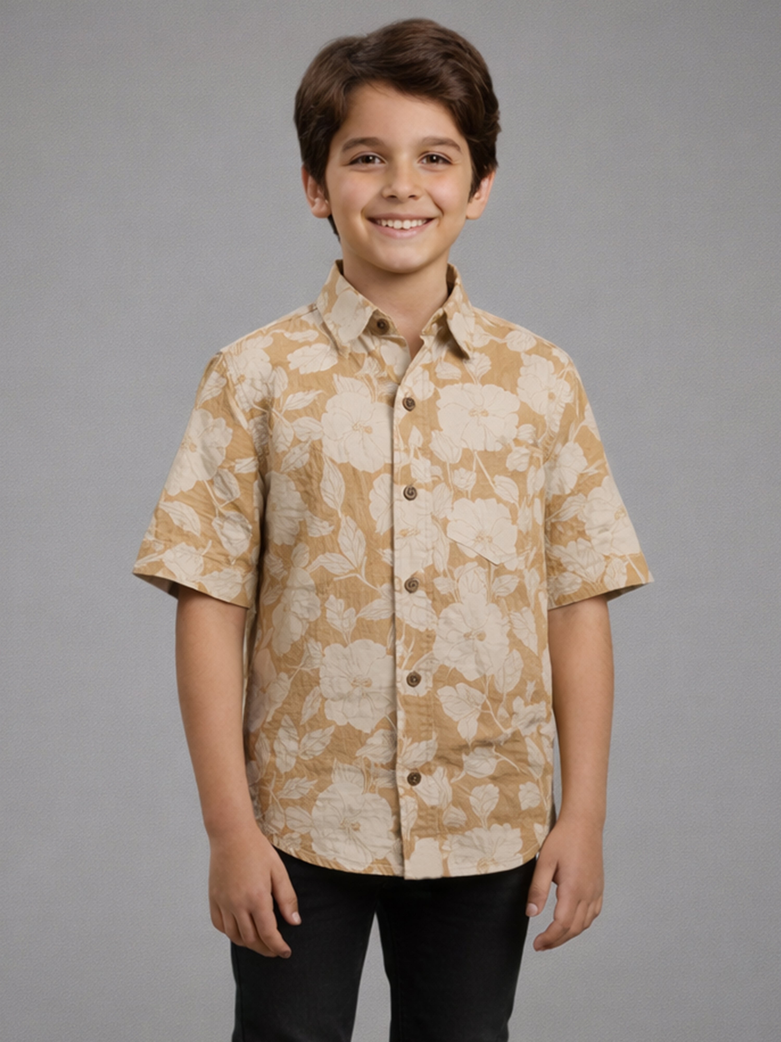 Boys Casual Cotton Floral AOP Print Half Sleeve Regular Fit Shirt Yellow-(BRS-6677-017-0308-1YL)