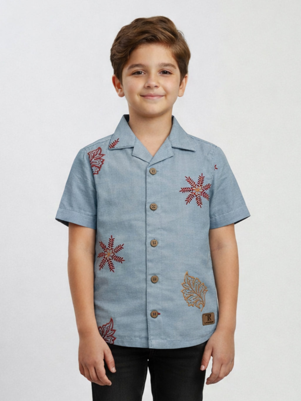 BOYS COTTON EMBROIDERED CUBAN COLLAR SHIRT BLUE-(BCUS-7216-013-0308-3BL)