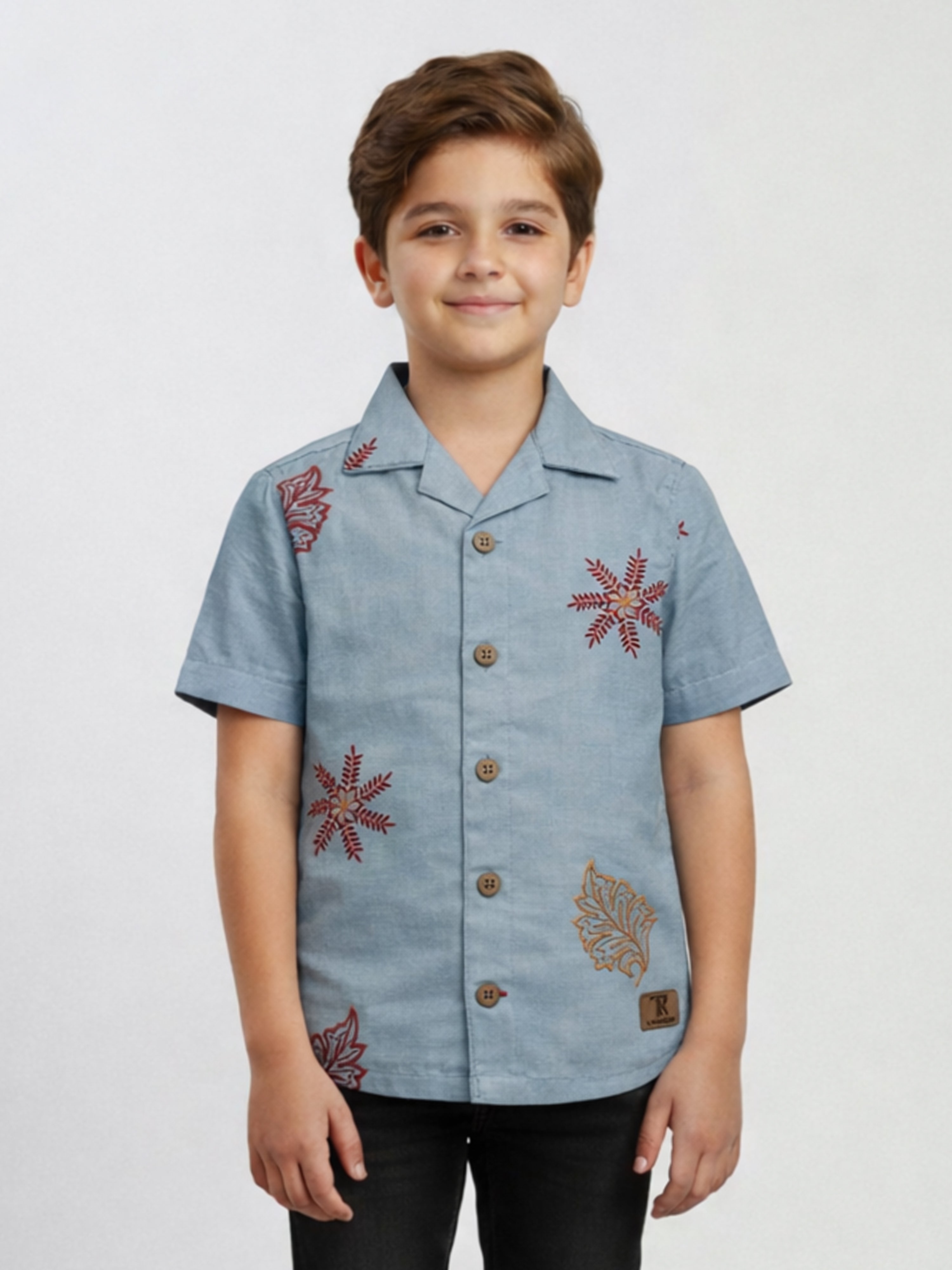 BOYS COTTON EMBROIDERED CUBAN COLLAR SHIRT BLUE-(BCUS-7216-013-0308-3BL)