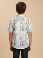 Boys Cotton Abstract Printed Casual Wear Regular Fit Half Sleeve White-(BRS-6677-011-2WH)