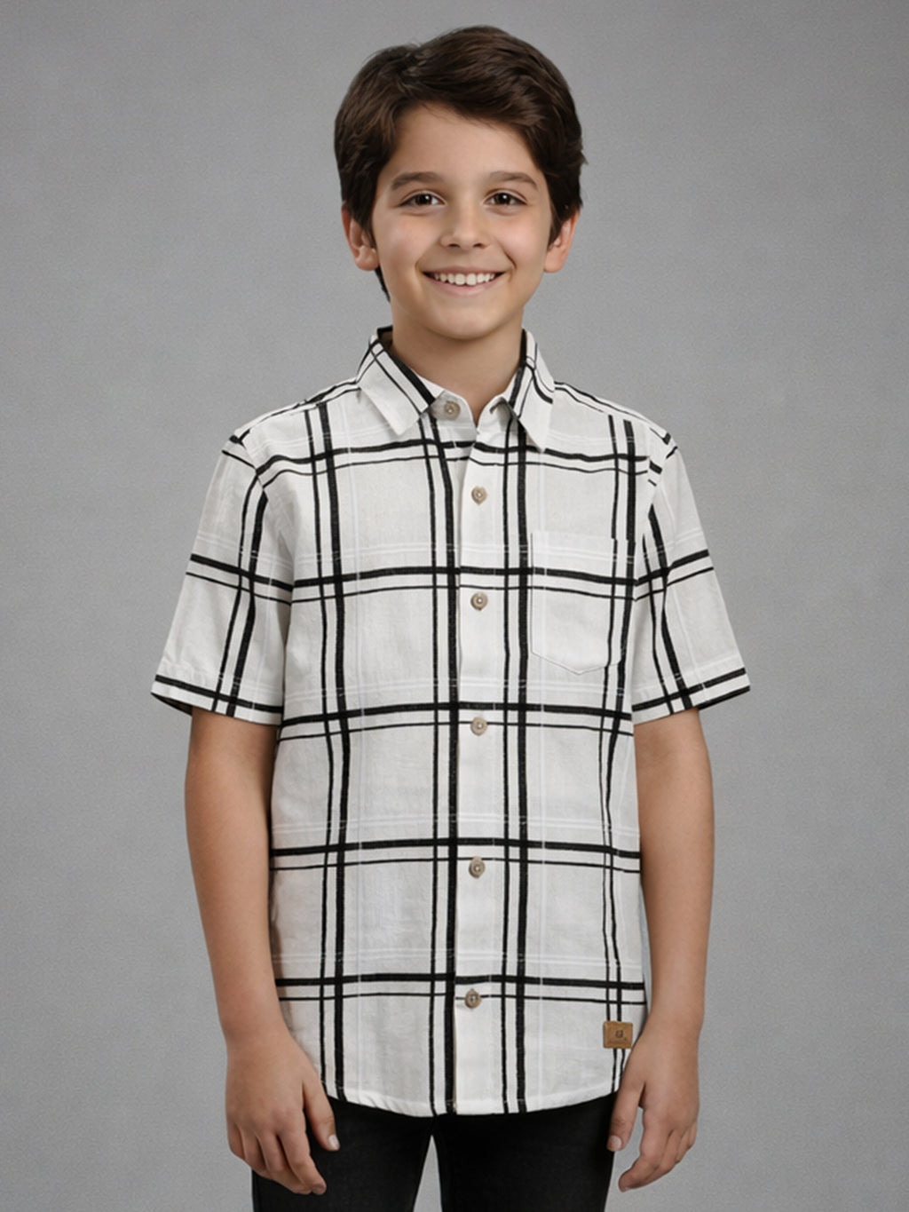 Boys Textured Checked Cotton Casual Shirt White, Comfortable Everyday Wear Shirt-BSC-7342-012-1WH