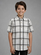 Boys Textured Checked Cotton Casual Shirt White, Comfortable Everyday Wear Shirt-BSC-7342-012-1WH