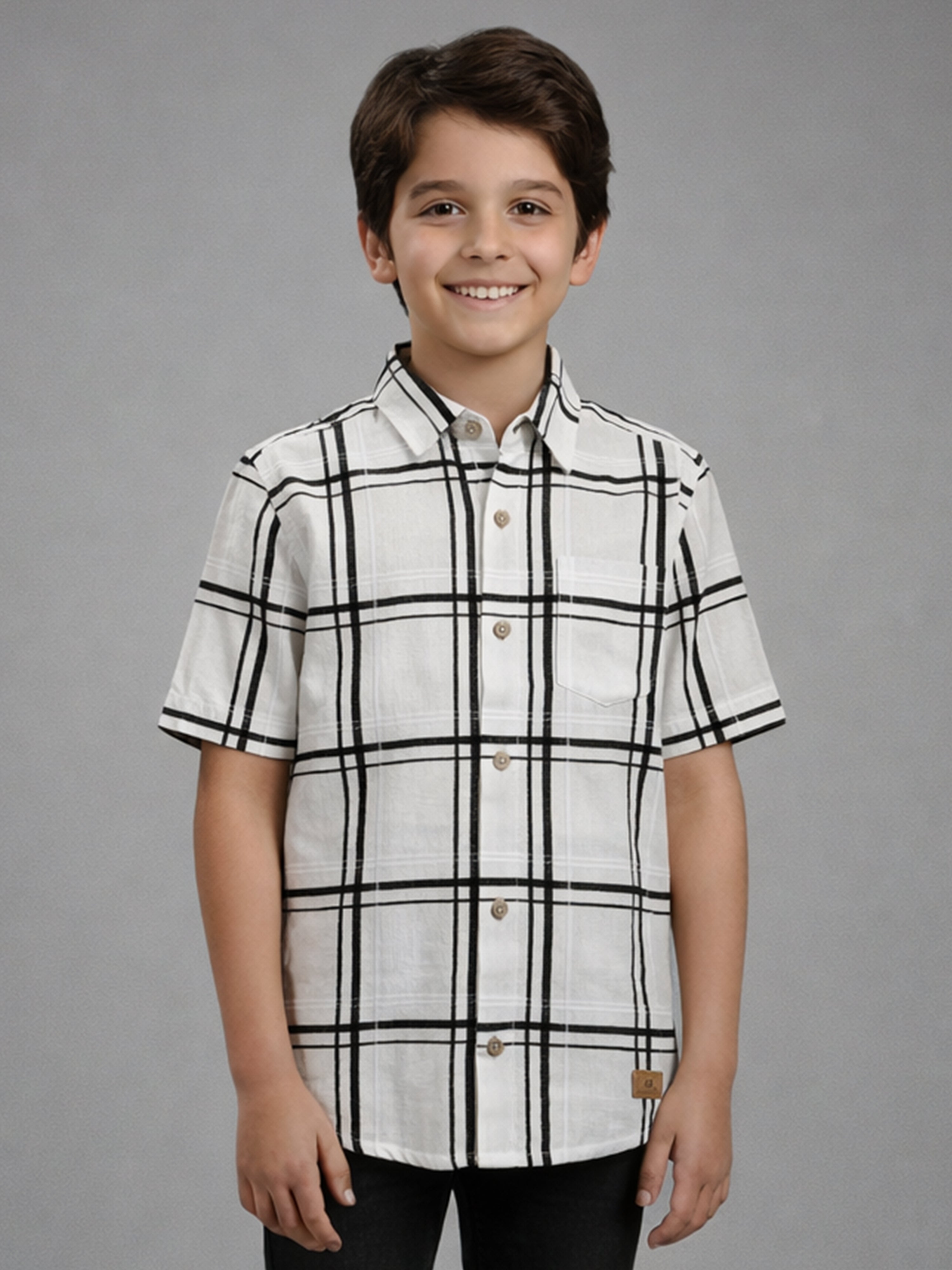Boys Textured Checked Cotton Casual Shirt White, Comfortable Everyday Wear Shirt-BSC-7342-012-1WH
