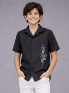 BOYS PREMIUM POLY COTTON EMBROIDERED CUBAN COLLAR SHIRT BLACK-(BCUS-7216-014-0308-2BL)
