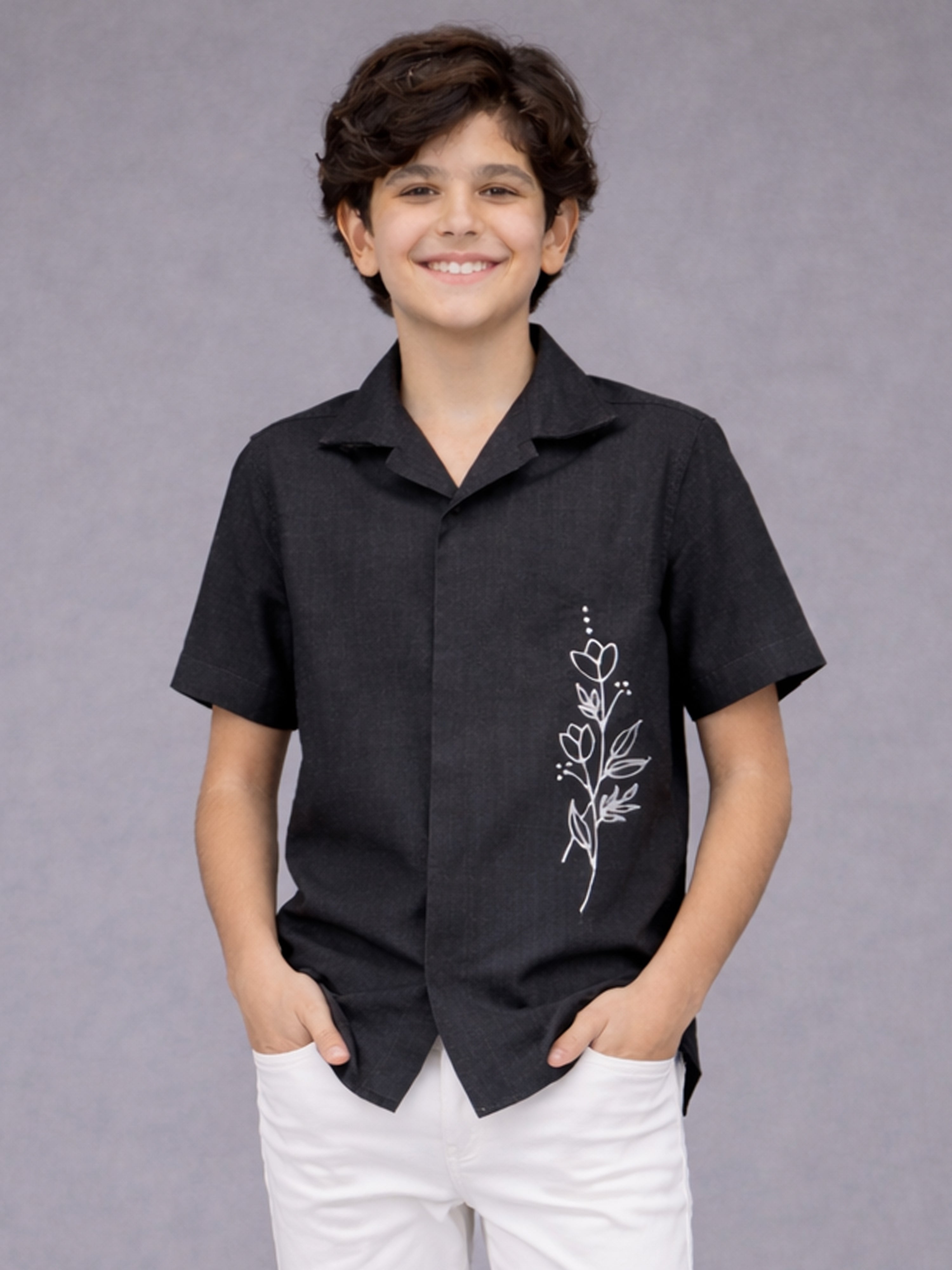 BOYS PREMIUM POLY COTTON EMBROIDERED CUBAN COLLAR SHIRT BLACK-(BCUS-7216-014-0308-2BL)
