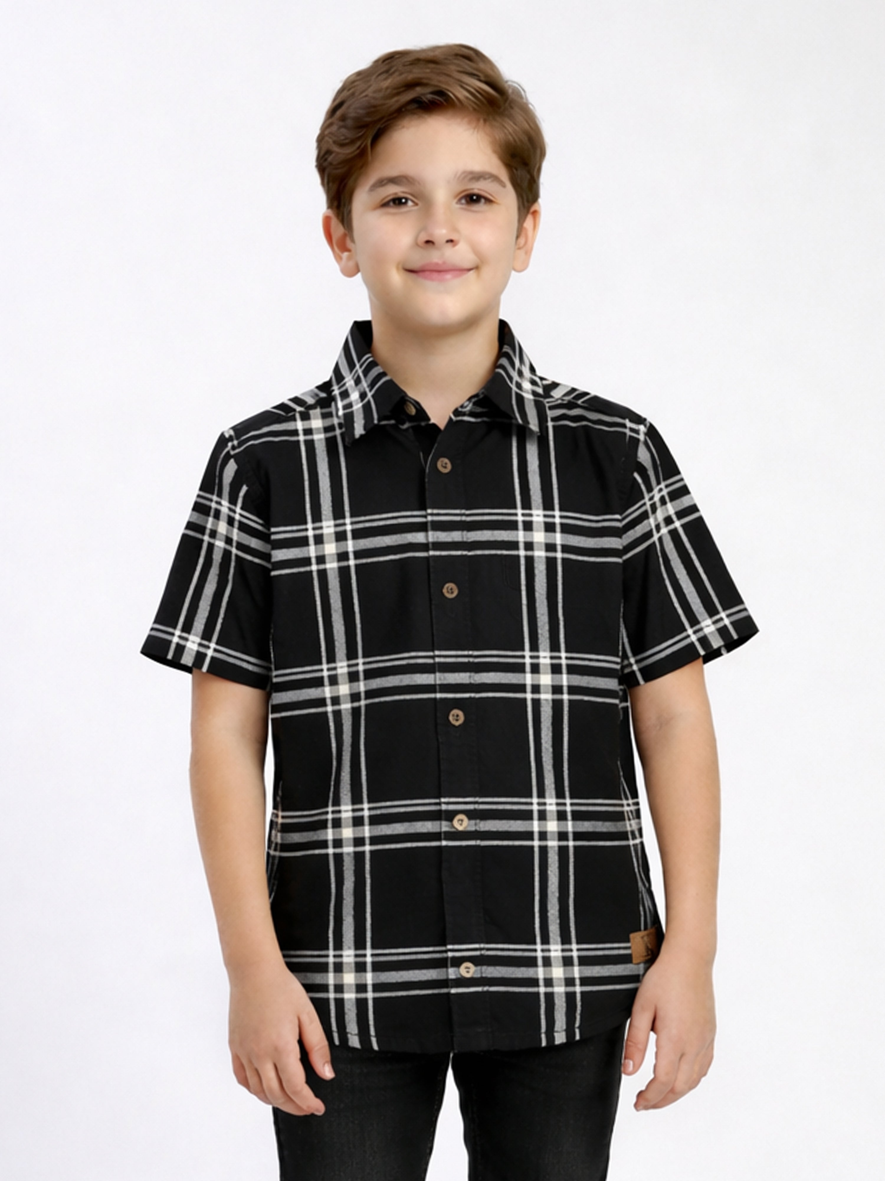 Boys Textured Checked Cotton Casual Shirt Black, Comfortable Everyday Wear Shirt-(BSC-7342-012-0308-2BL)