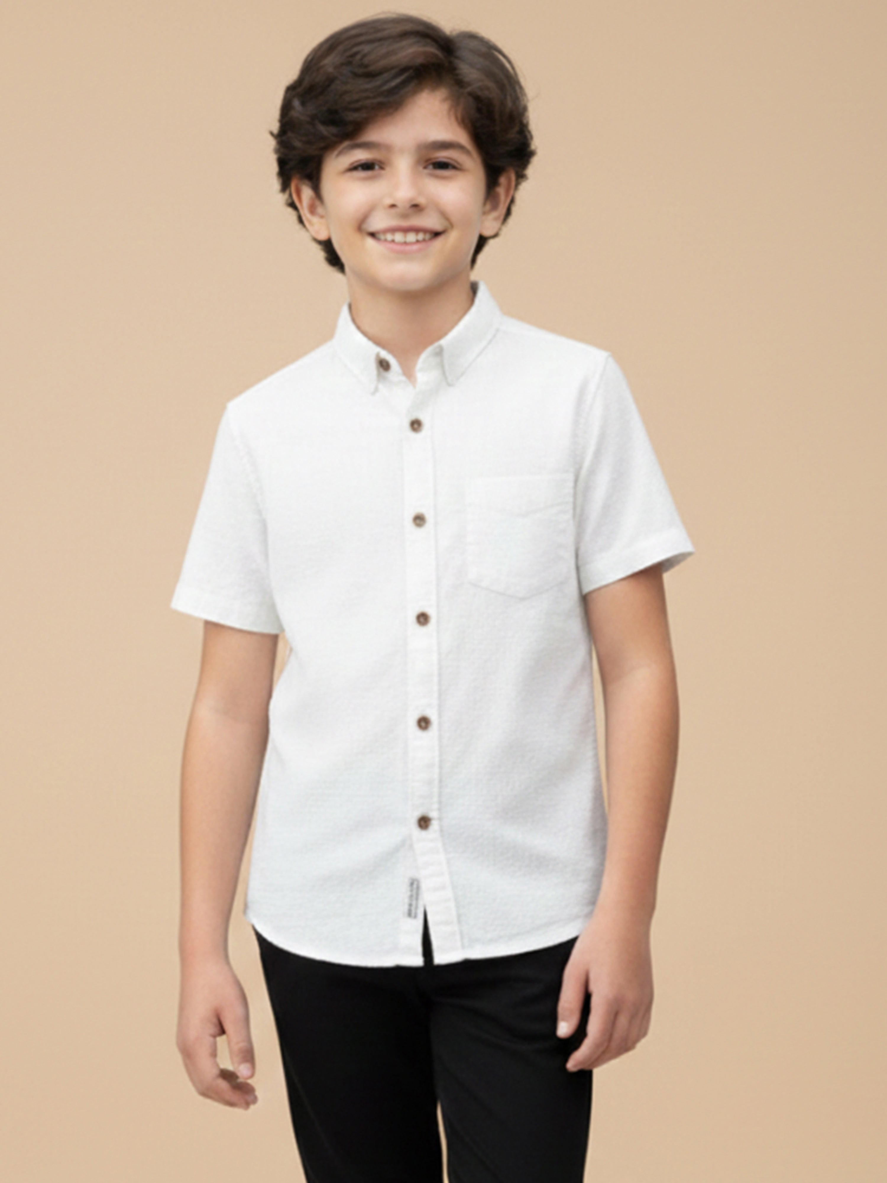 Boys Honeycomb Textured Cotton Casual Shirt White-BSC-(7342-014-0308-2WH)