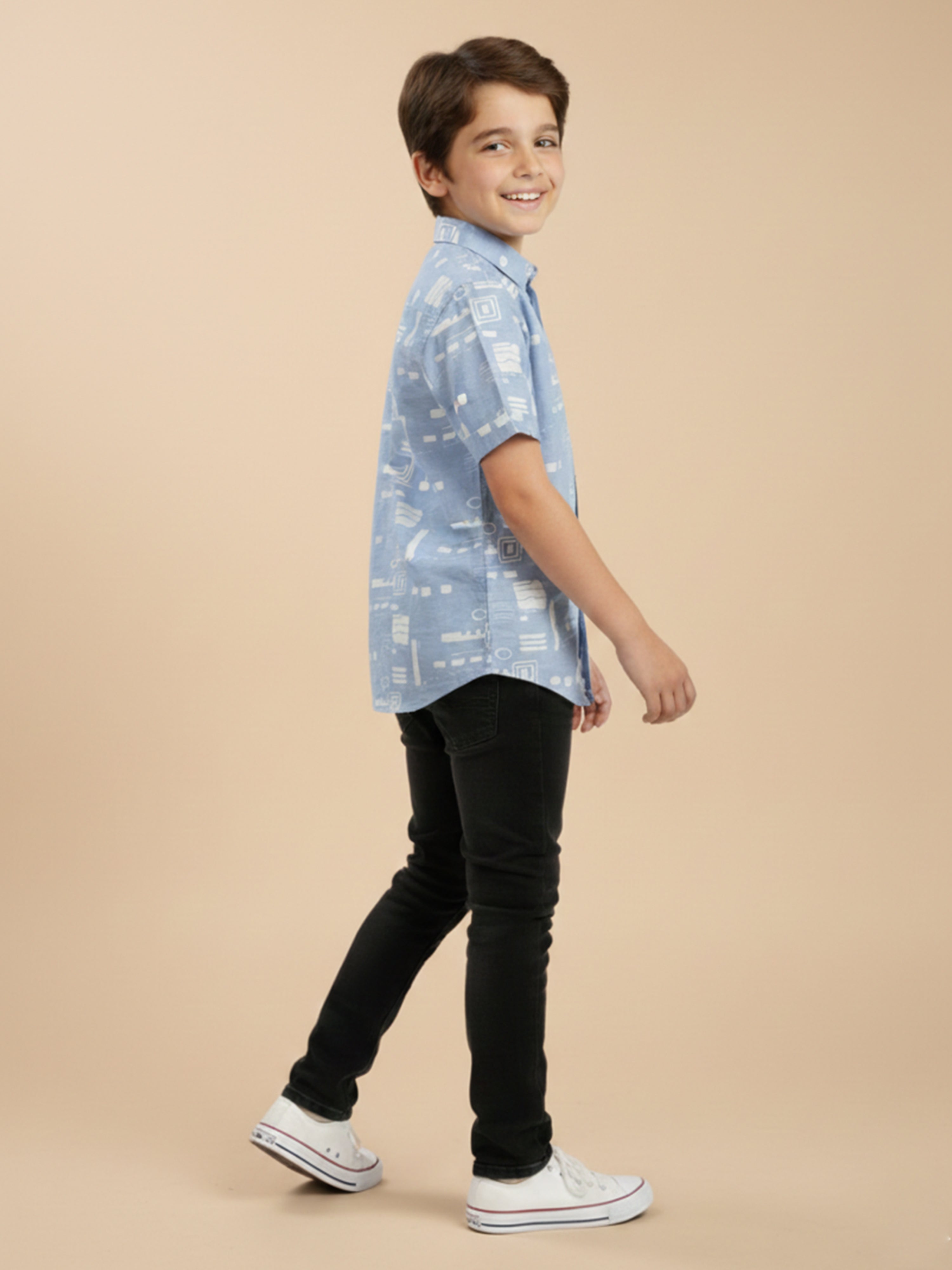 Boys Casual Slub Cotton Abstract Printed Half Sleeve Regular Fit Shirt-(BRS-6677-018-0308-1B)