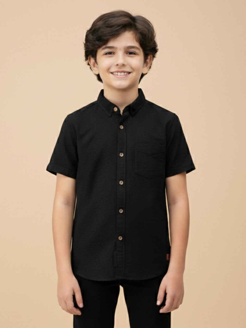Boys Honeycomb Textured Cotton Casual Shirt Black-(BSC-7342-014-0308-1BL)