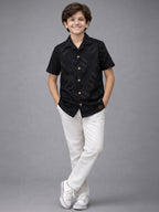 BOYS SATIN SELF PATTERN CUBAN COLLAR SHIRT BLACK-(BCUS-7216-012-0308-1BL)