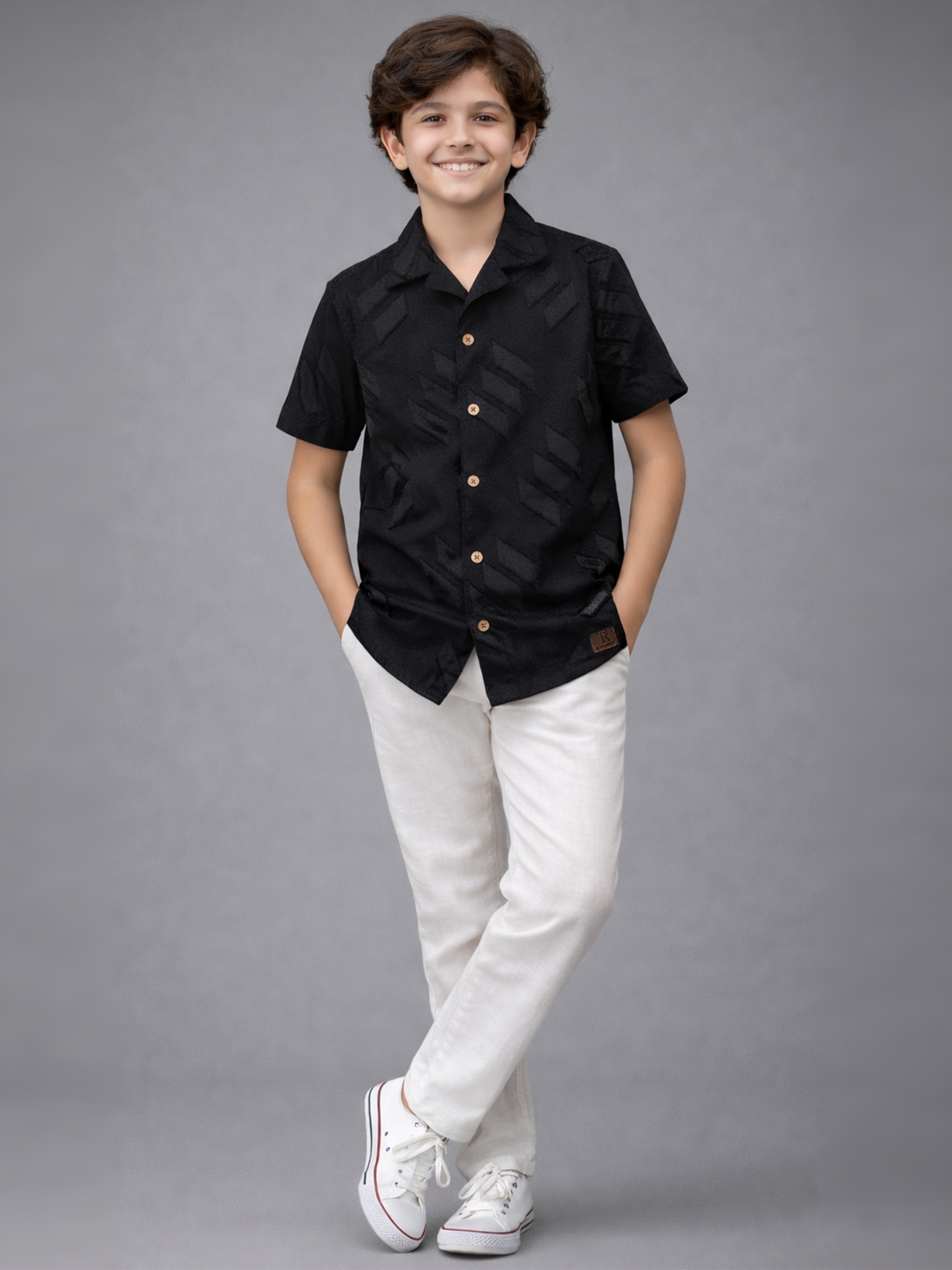BOYS SATIN SELF PATTERN CUBAN COLLAR SHIRT BLACK-(BCUS-7216-012-0308-1BL)