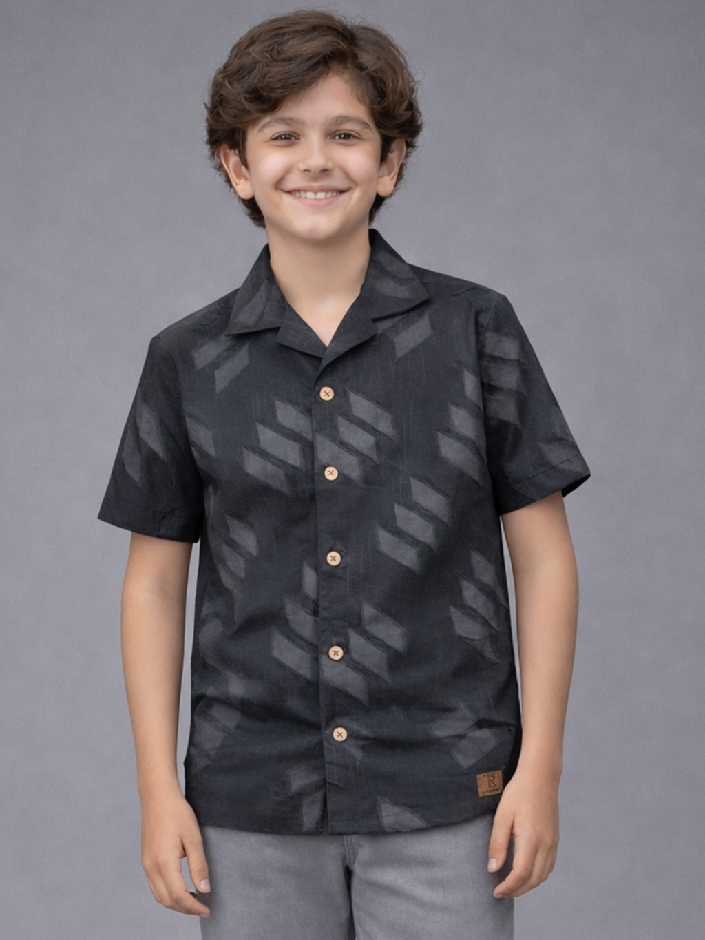 BOYS SATIN SELF PATTERN CUBAN COLLAR SHIRT GREY-(BCUS-7216-012-0308-3GR)