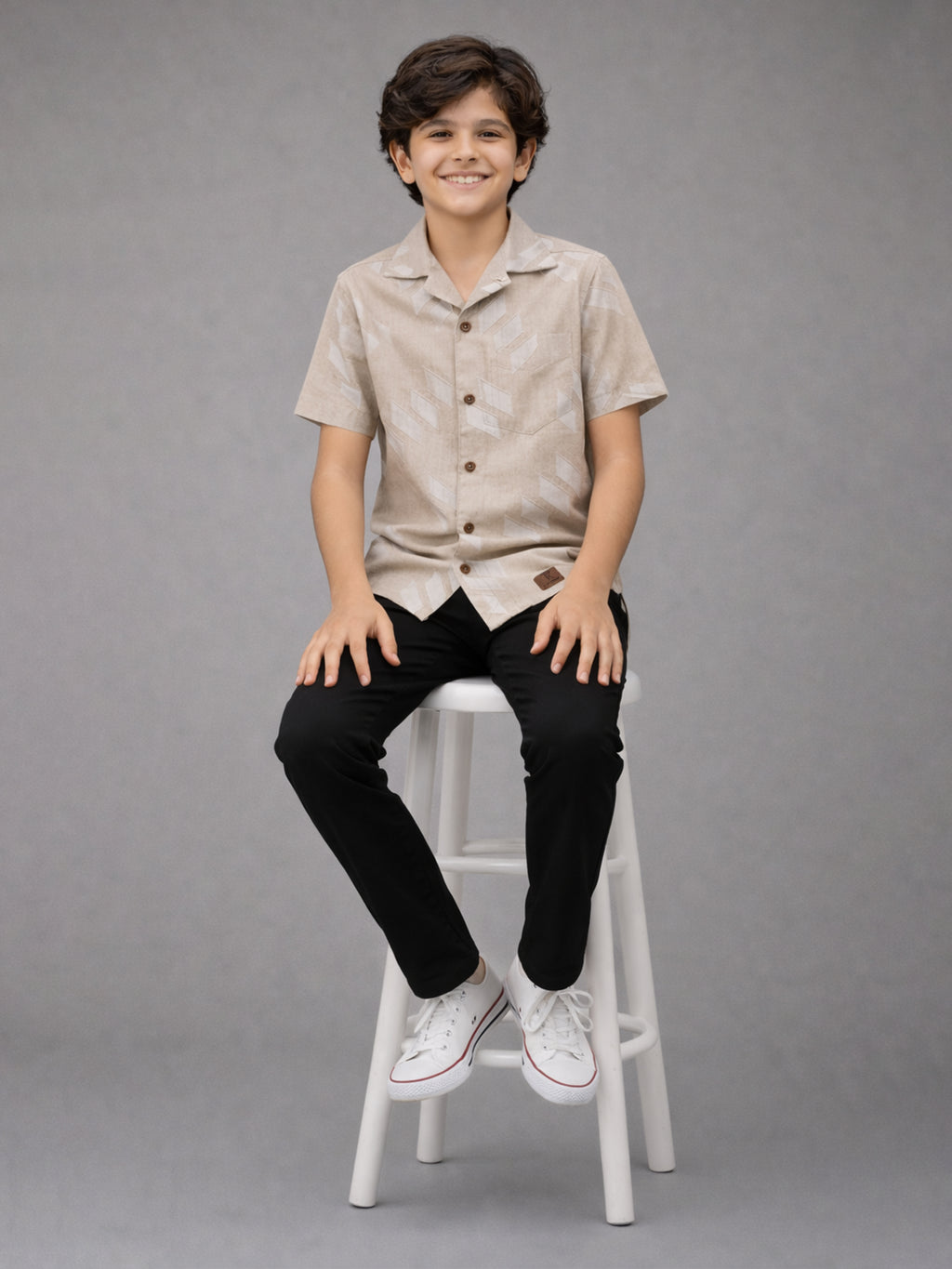 BOYS SATIN SELF PATTERN CUBAN COLLAR SHIRT WHITE-(BCUS-7216-012-0308-4WH)