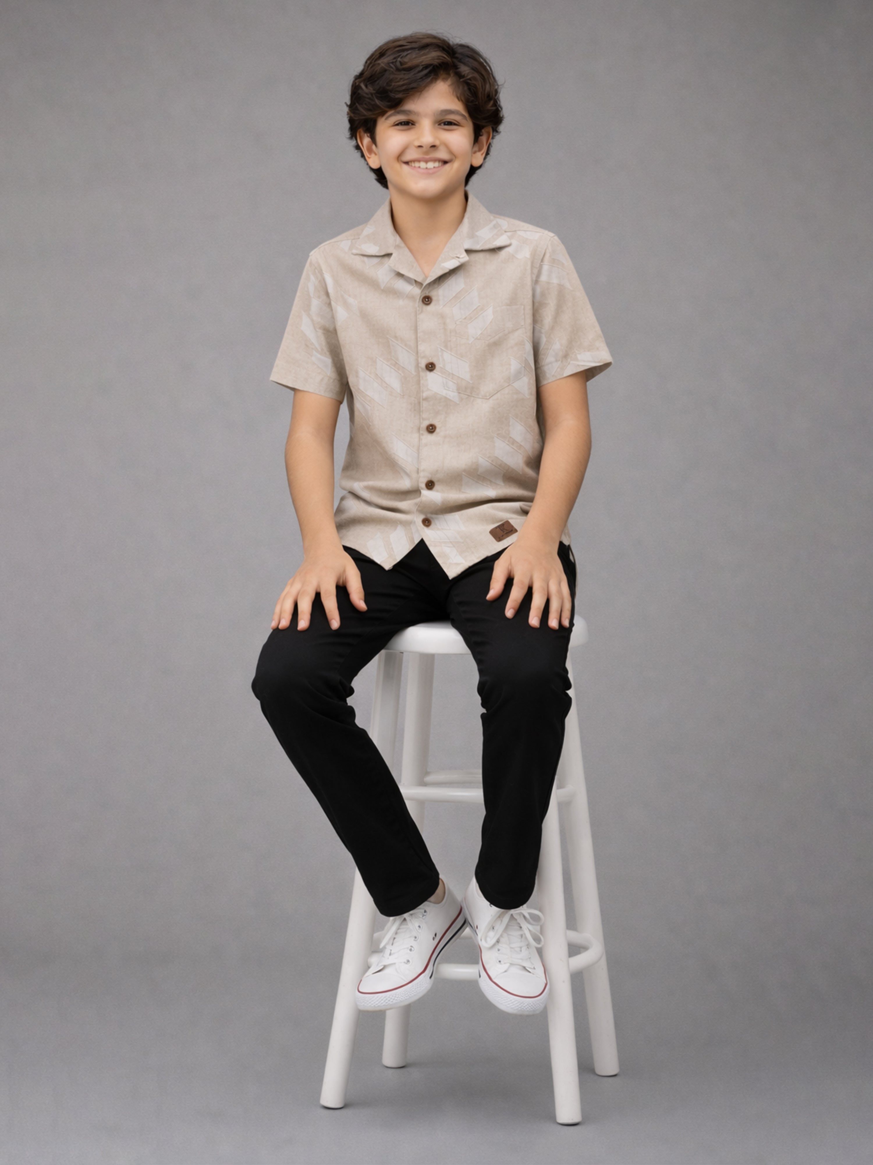 BOYS SATIN SELF PATTERN CUBAN COLLAR SHIRT WHITE-(BCUS-7216-012-0308-4WH)