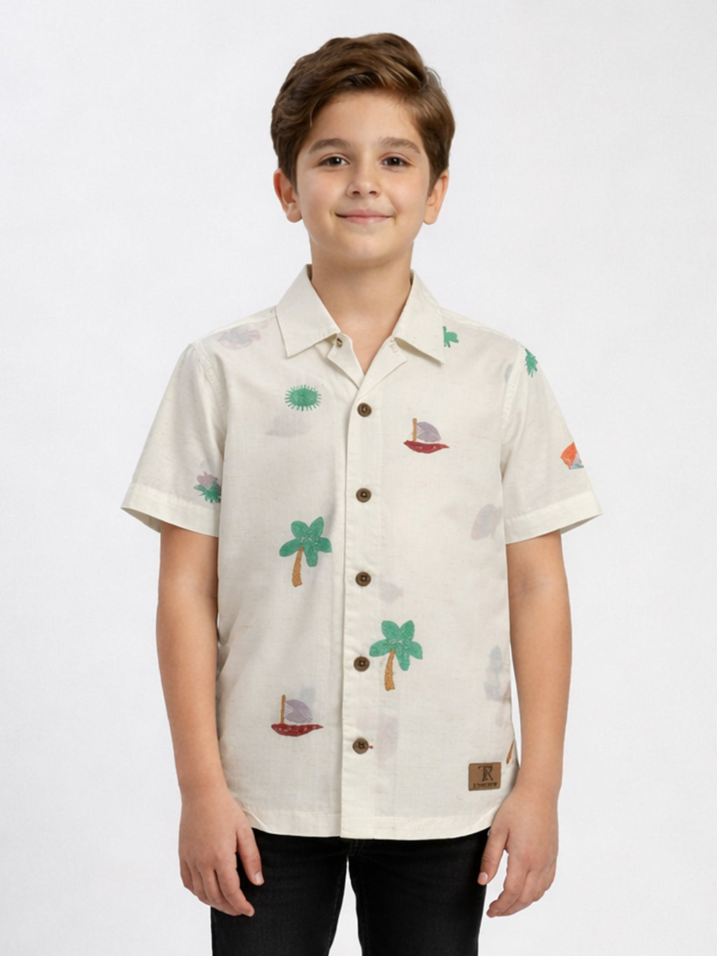 BOYS COTTON TOP EMBROIDERED CUBAN COLLAR SHIRT WHITE-(BCUS-7216-013-0308-6WH)