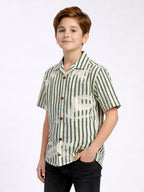 BOYS ALPHABET STRIPED CUBAN COLLAR SHIRT GREEN-(BCUS-7216-011-0308-2GR)