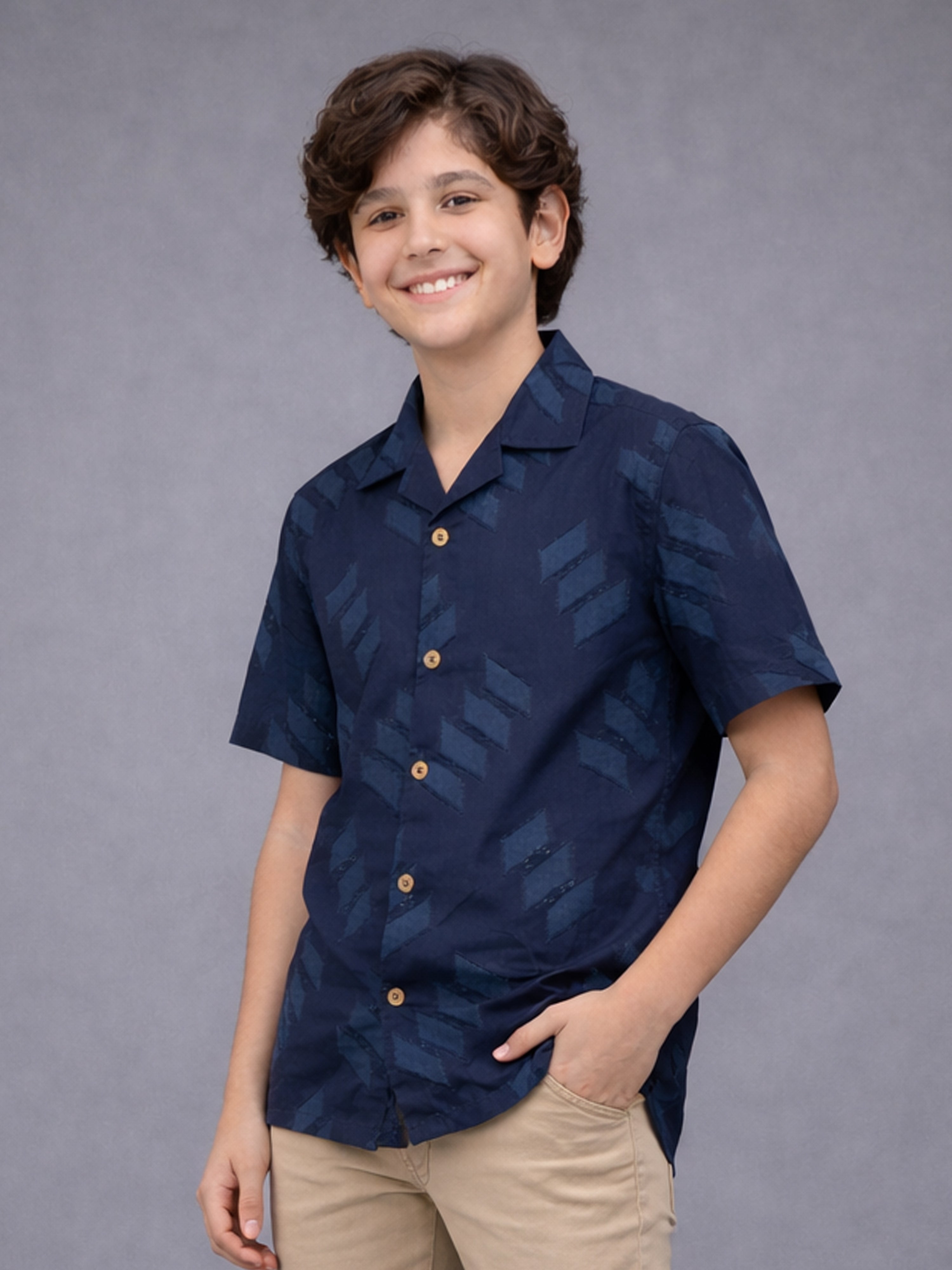 BOYS SATIN SELF PATTERN CUBAN COLLAR SHIRT BLUE-(BCUS-7216-012-0308-2BU)