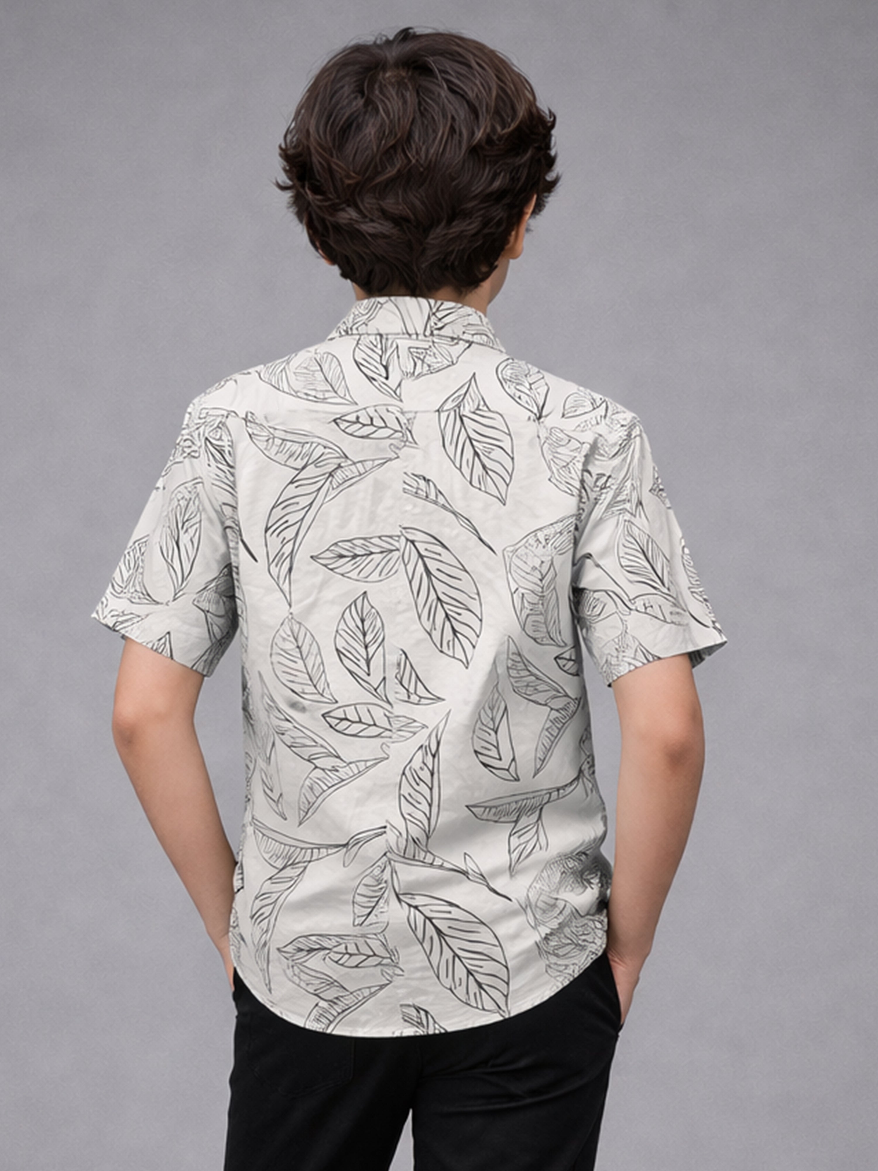 BOYS Cotton Leaf Print Shirt White-(BRS-6677-015-0308-1WH)