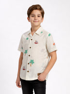 BOYS COTTON TOP EMBROIDERED CUBAN COLLAR SHIRT WHITE-(BCUS-7216-013-0308-6WH)