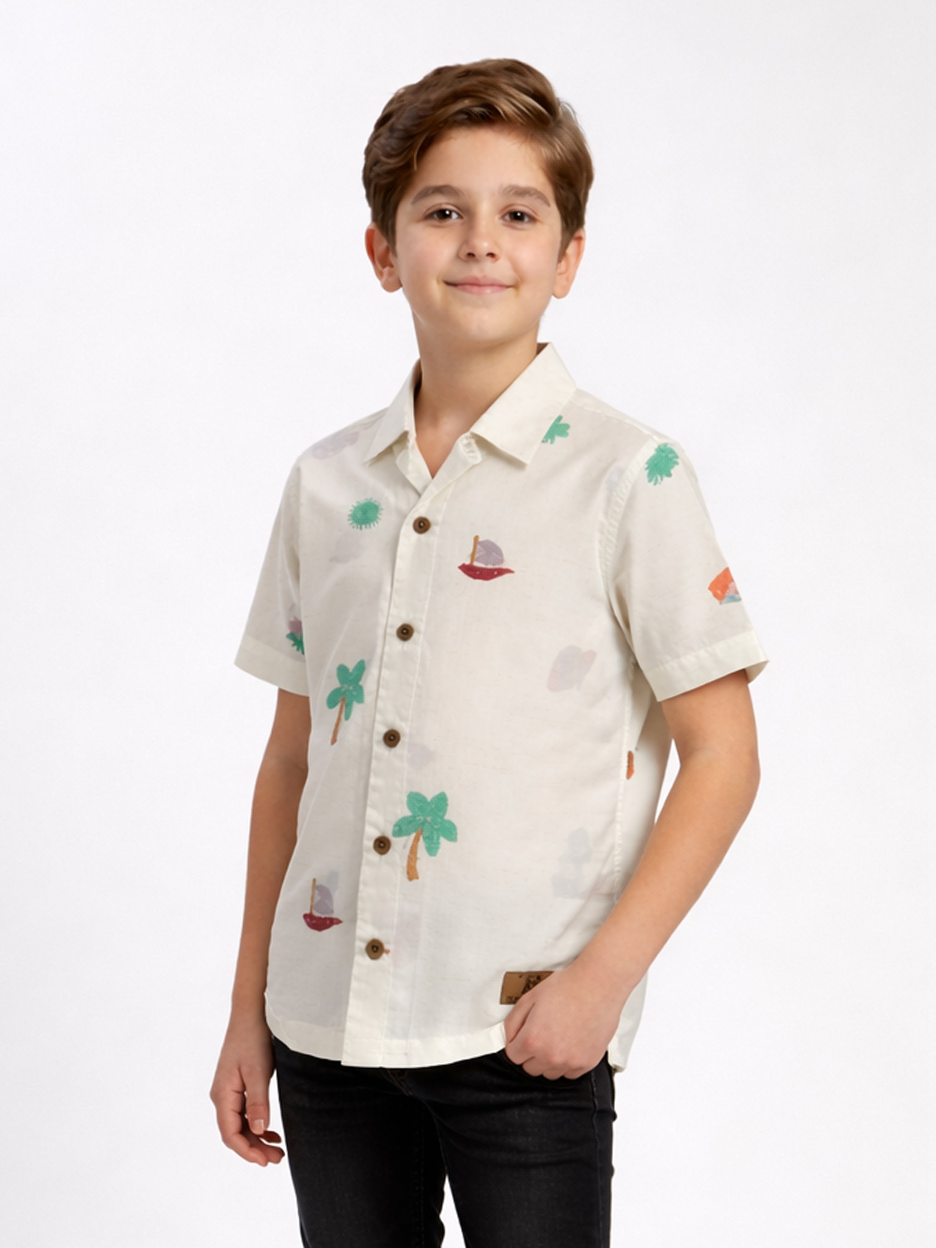 BOYS COTTON TOP EMBROIDERED CUBAN COLLAR SHIRT WHITE-(BCUS-7216-013-0308-6WH)