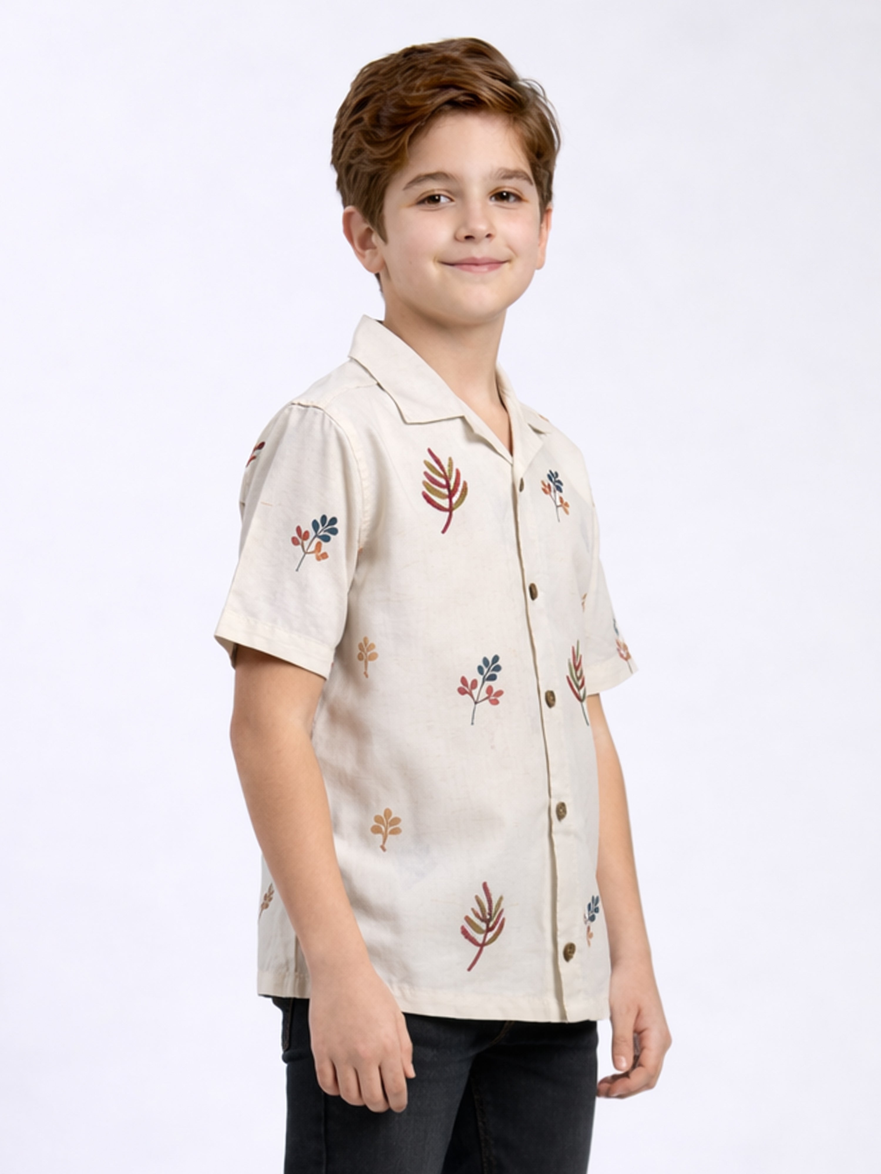 BOYS COTTON EMBROIDERED CUBAN COLLAR SHIRT FLORAL-(BCUS-7216-013-0308-2FL)