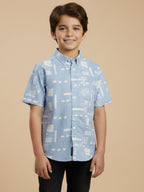 Boys Casual Slub Cotton Abstract Printed Half Sleeve Regular Fit Shirt-(BRS-6677-018-0308-1B)