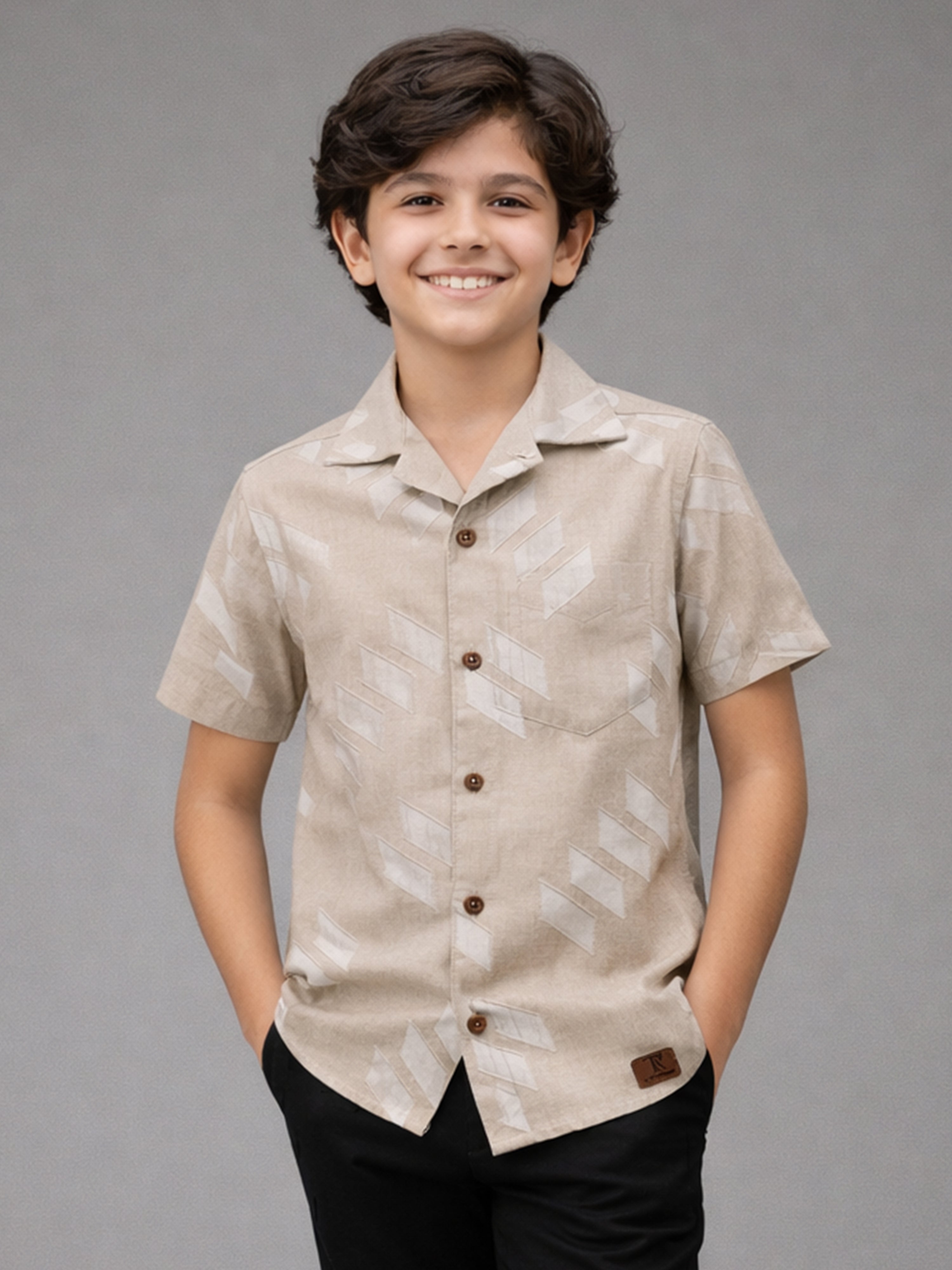 BOYS SATIN SELF PATTERN CUBAN COLLAR SHIRT WHITE-(BCUS-7216-012-0308-4WH)