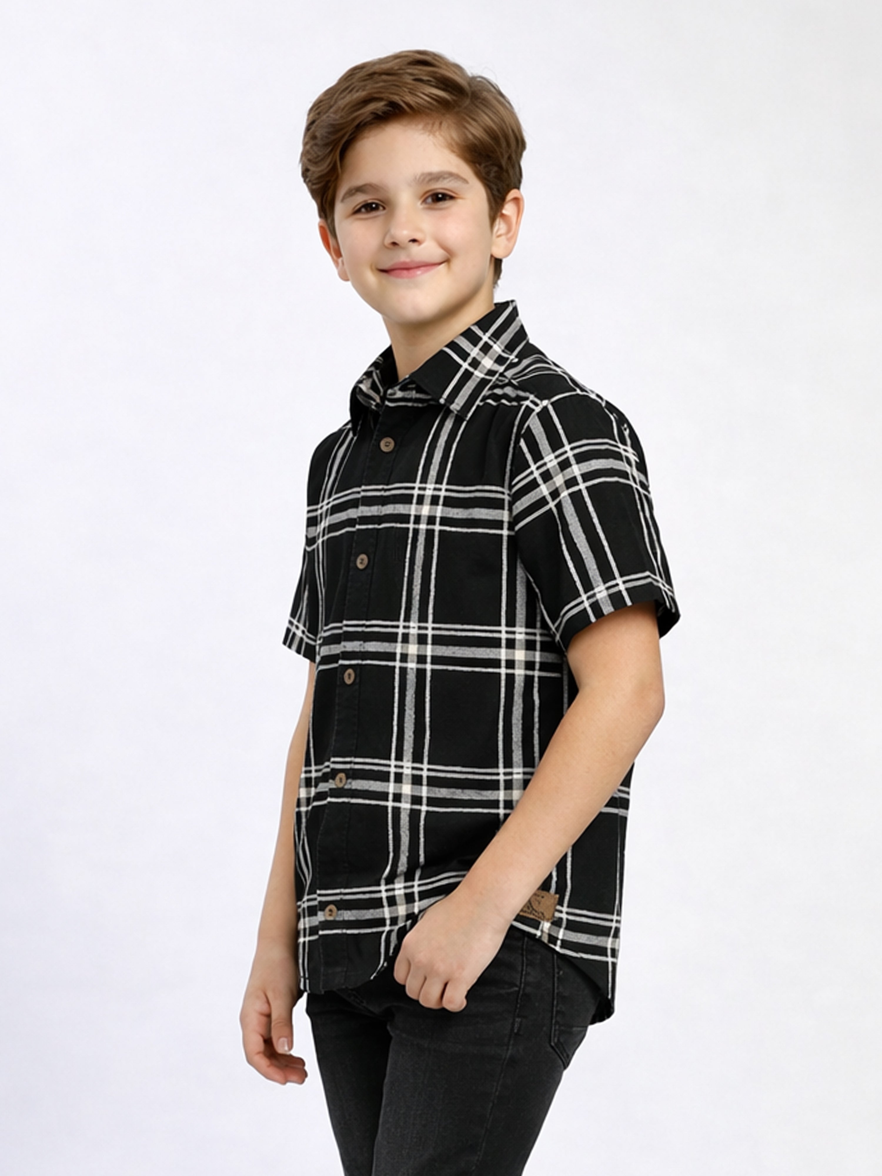 Boys Textured Checked Cotton Casual Shirt Black, Comfortable Everyday Wear Shirt-(BSC-7342-012-0308-2BL)