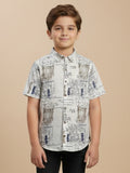 Boys Cotton Abstract Printed Casual Wear Regular Fit Half Sleeve White-(BRS-6677-011-2WH)