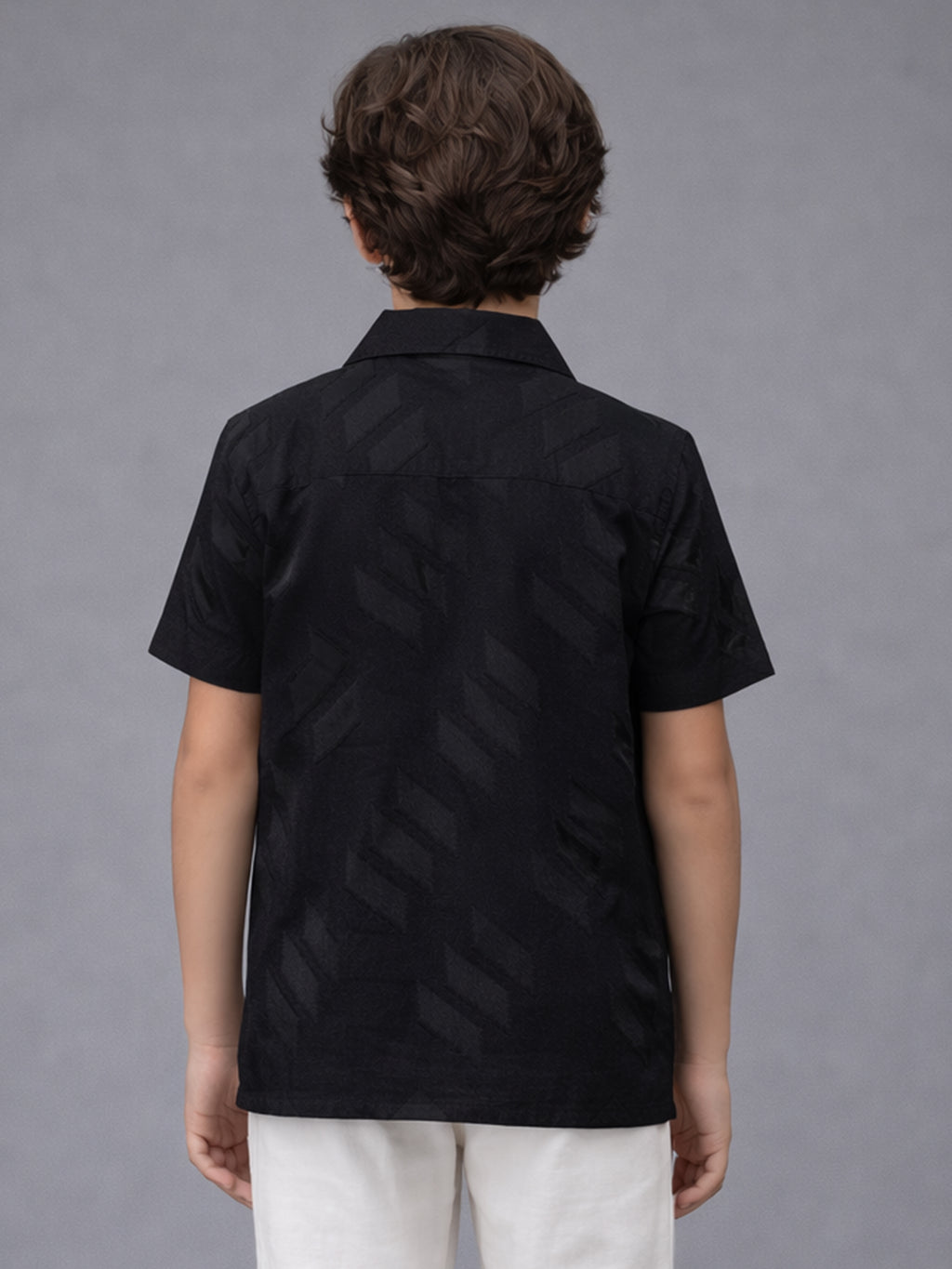BOYS SATIN SELF PATTERN CUBAN COLLAR SHIRT BLACK-(BCUS-7216-012-0308-1BL)