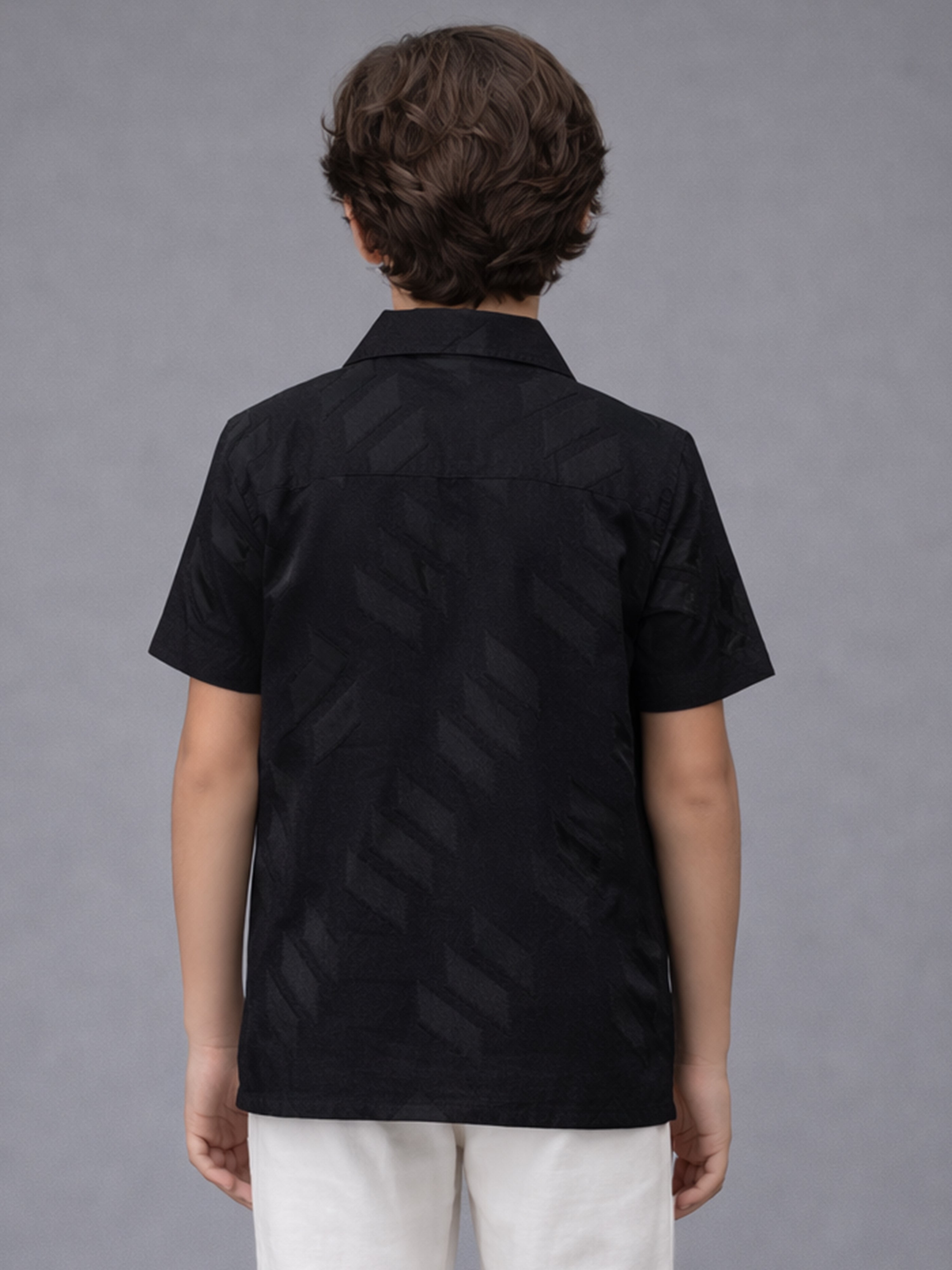 BOYS SATIN SELF PATTERN CUBAN COLLAR SHIRT BLACK-(BCUS-7216-012-0308-1BL)