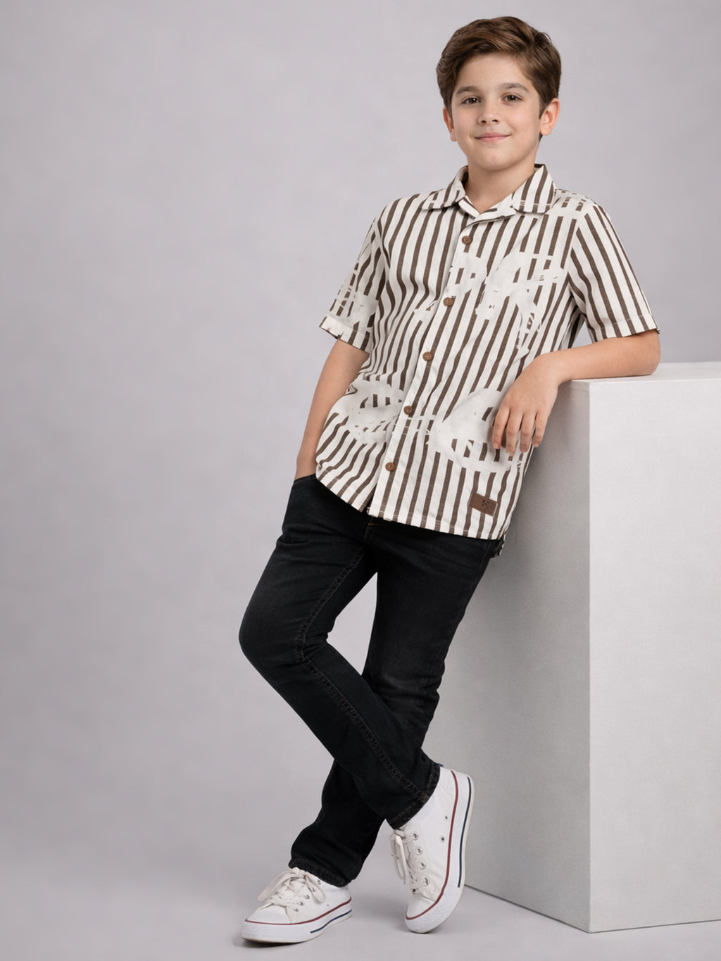 BOYS ALPHABET STRIPED CUBAN COLLAR SHIRT BROWN-(BCUS-7216-011-0308-1BR)