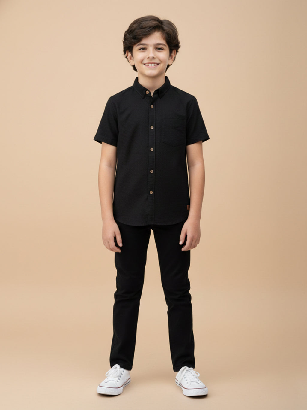 Boys Honeycomb Textured Cotton Casual Shirt Black-(BSC-7342-014-0308-1BL)