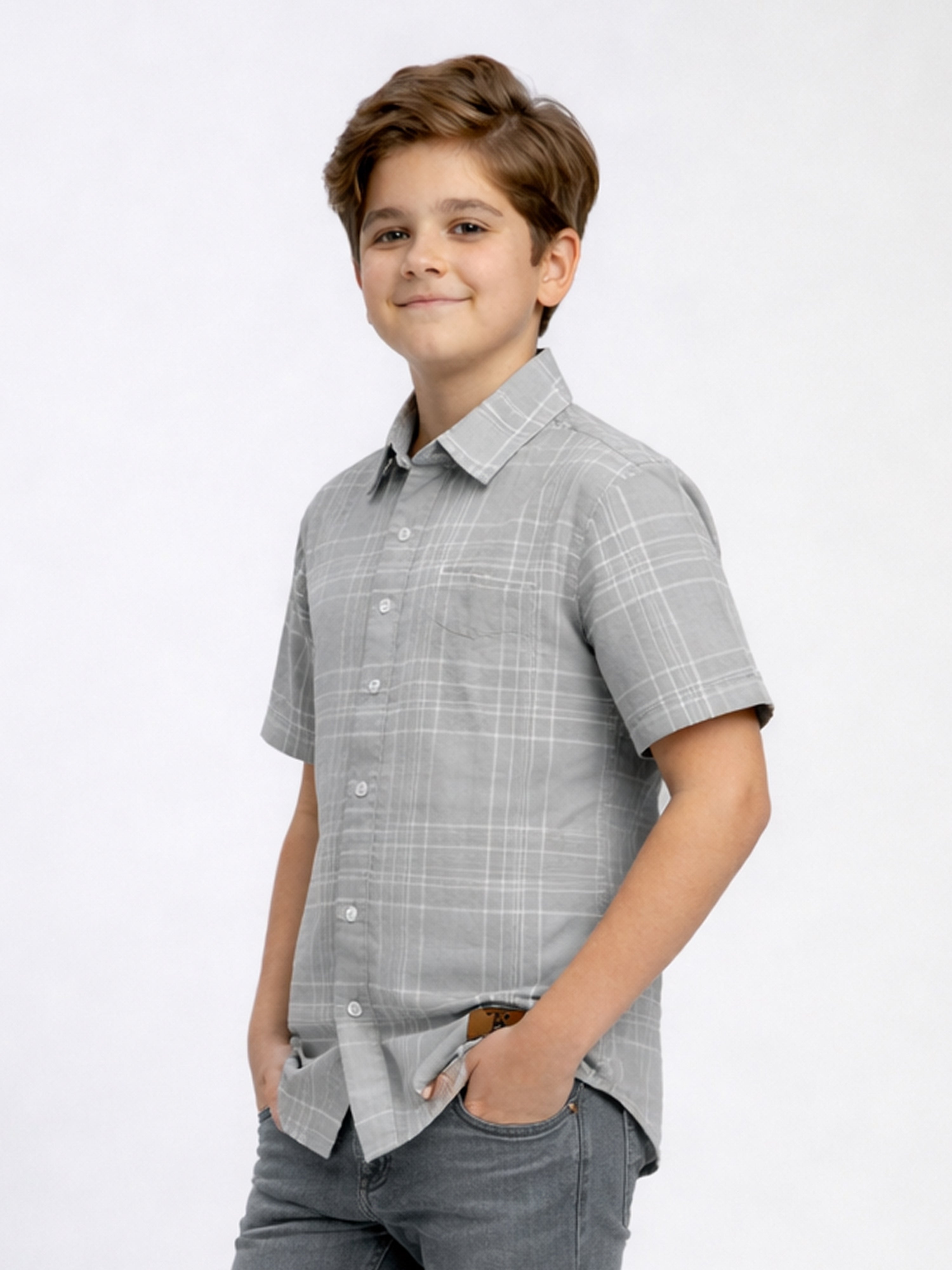 Boys Liberty Cut Cotton Casual Shirt Light Grey, Comfortable Everyday Wear Shirt-(BSC-7342-011-2GR)