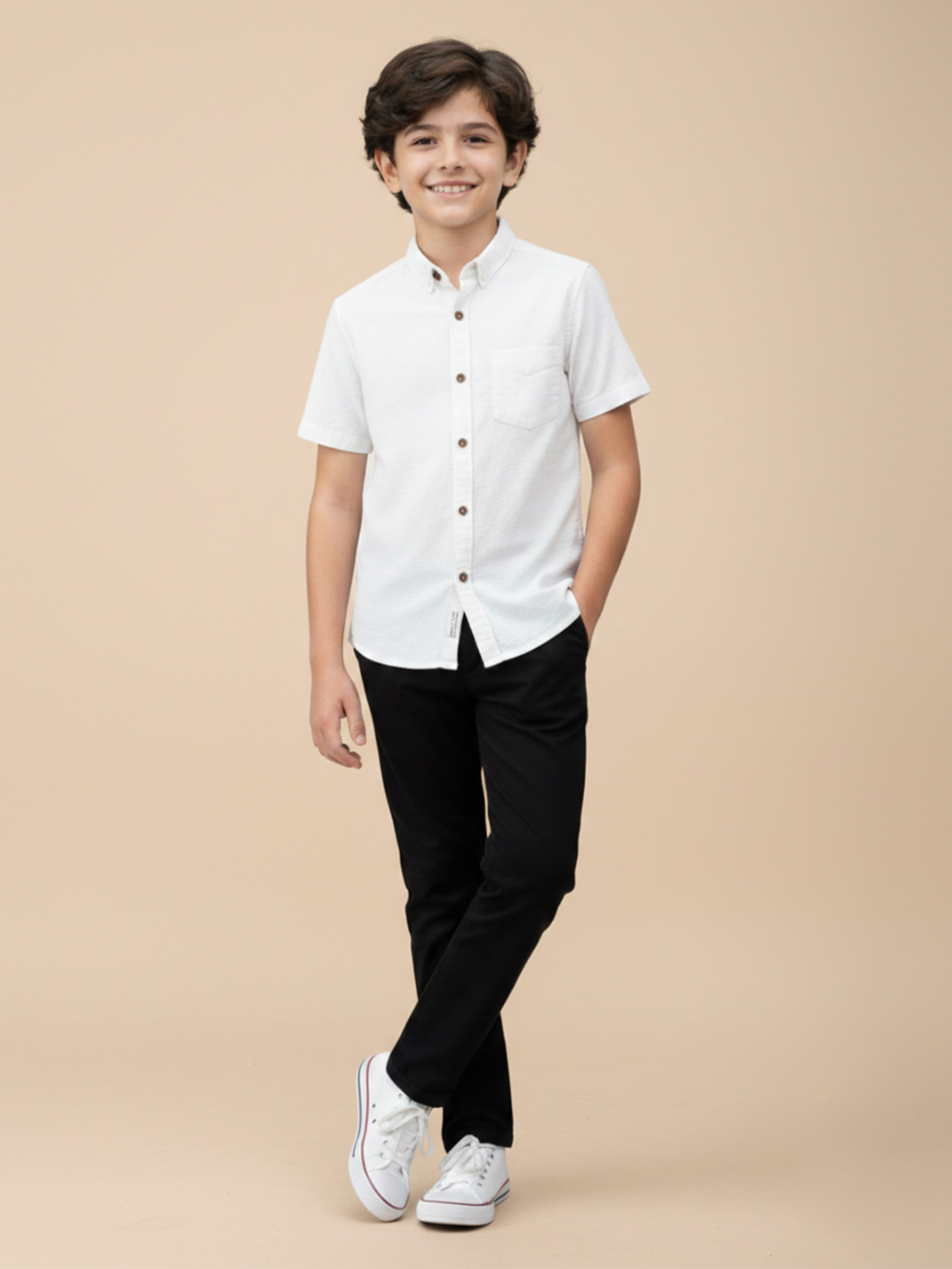 Boys Honeycomb Textured Cotton Casual Shirt White-BSC-(7342-014-0308-2WH)