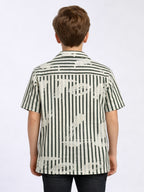 BOYS ALPHABET STRIPED CUBAN COLLAR SHIRT GREEN-(BCUS-7216-011-0308-2GR)