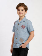 BOYS COTTON EMBROIDERED CUBAN COLLAR SHIRT BLUE-(BCUS-7216-013-0308-3BL)