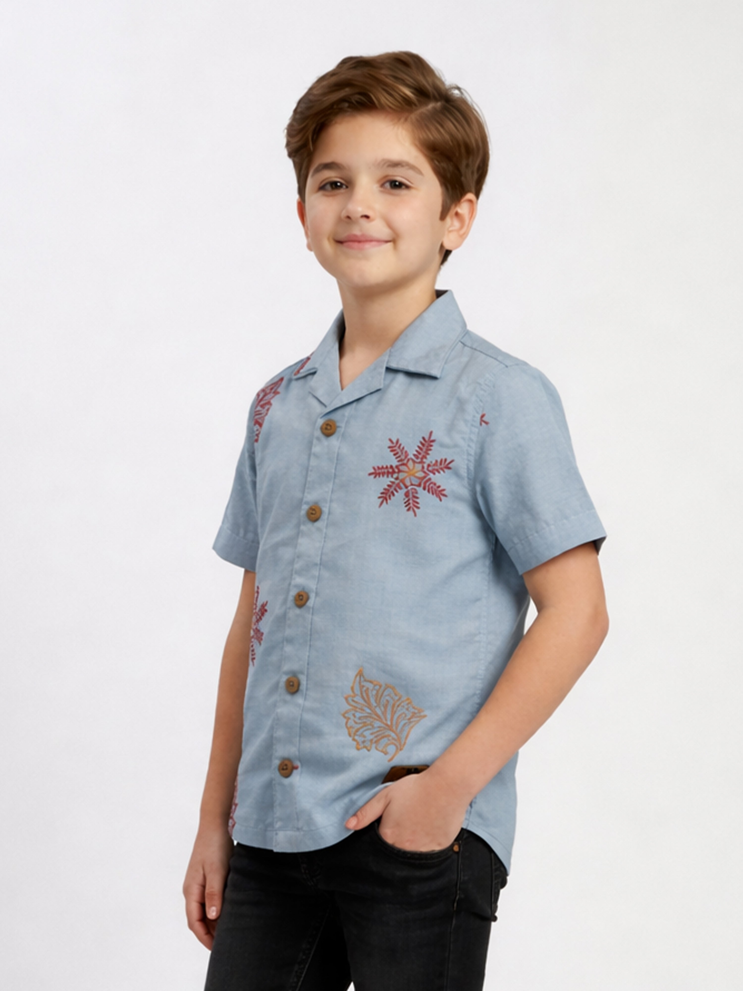BOYS COTTON EMBROIDERED CUBAN COLLAR SHIRT BLUE-(BCUS-7216-013-0308-3BL)