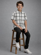 Boys Textured Checked Cotton Casual Shirt White, Comfortable Everyday Wear Shirt-BSC-7342-012-1WH