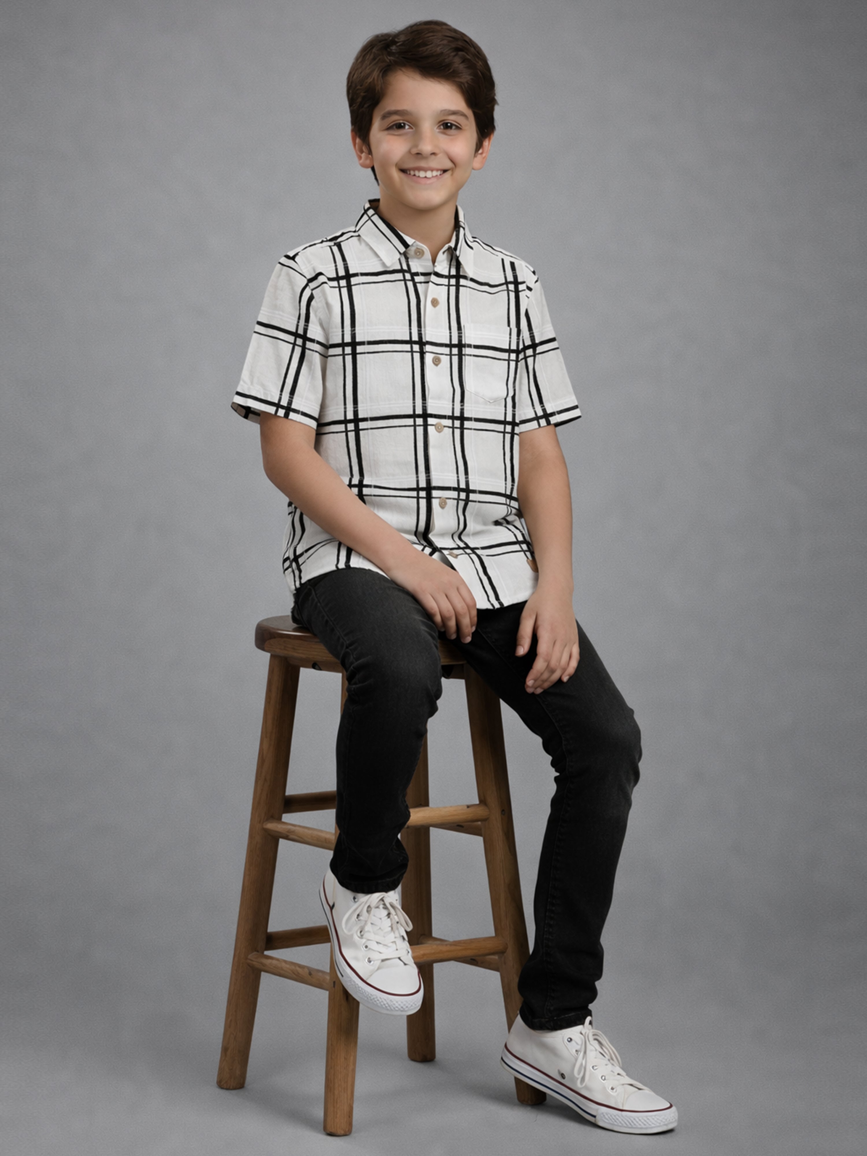Boys Textured Checked Cotton Casual Shirt White, Comfortable Everyday Wear Shirt-BSC-7342-012-1WH