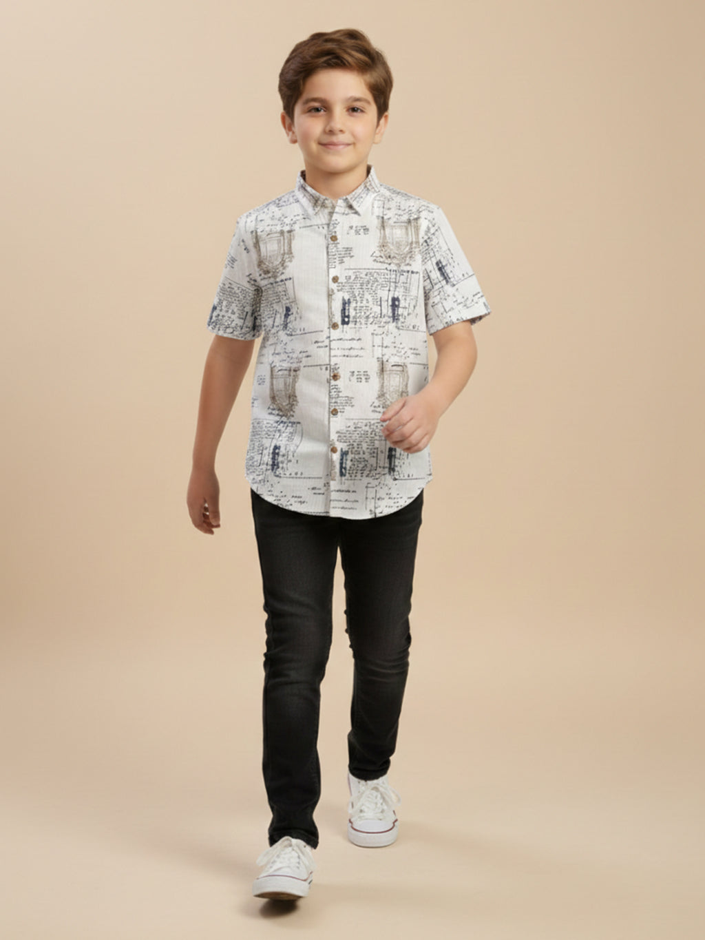 Boys Cotton Abstract Printed Casual Wear Regular Fit Half Sleeve White-(BRS-6677-011-2WH)