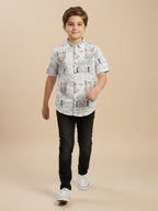Boys Cotton Abstract Printed Casual Wear Regular Fit Half Sleeve White-(BRS-6677-011-2WH)