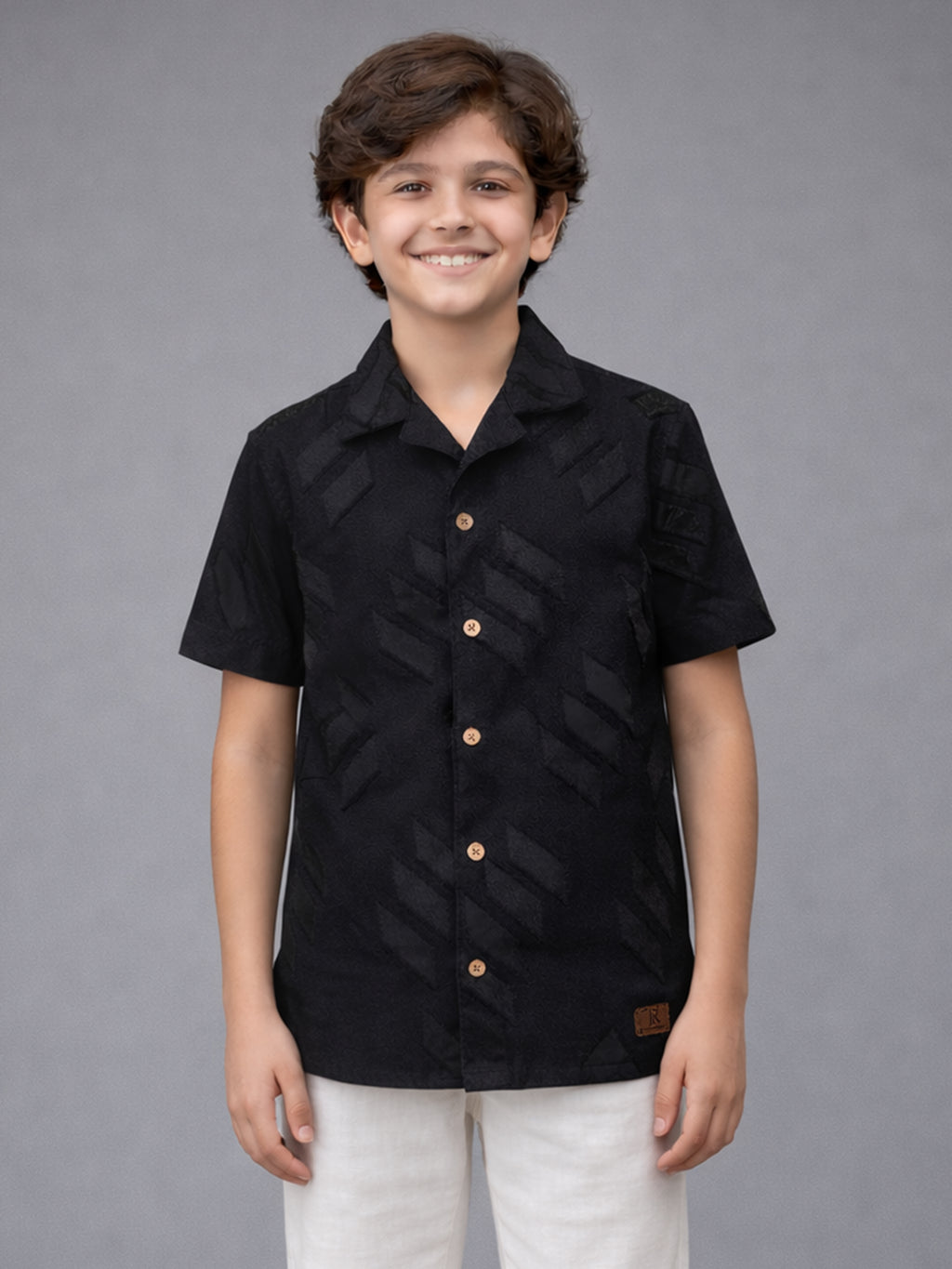BOYS SATIN SELF PATTERN CUBAN COLLAR SHIRT BLACK-(BCUS-7216-012-0308-1BL)