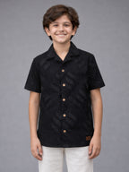 BOYS SATIN SELF PATTERN CUBAN COLLAR SHIRT BLACK-(BCUS-7216-012-0308-1BL)