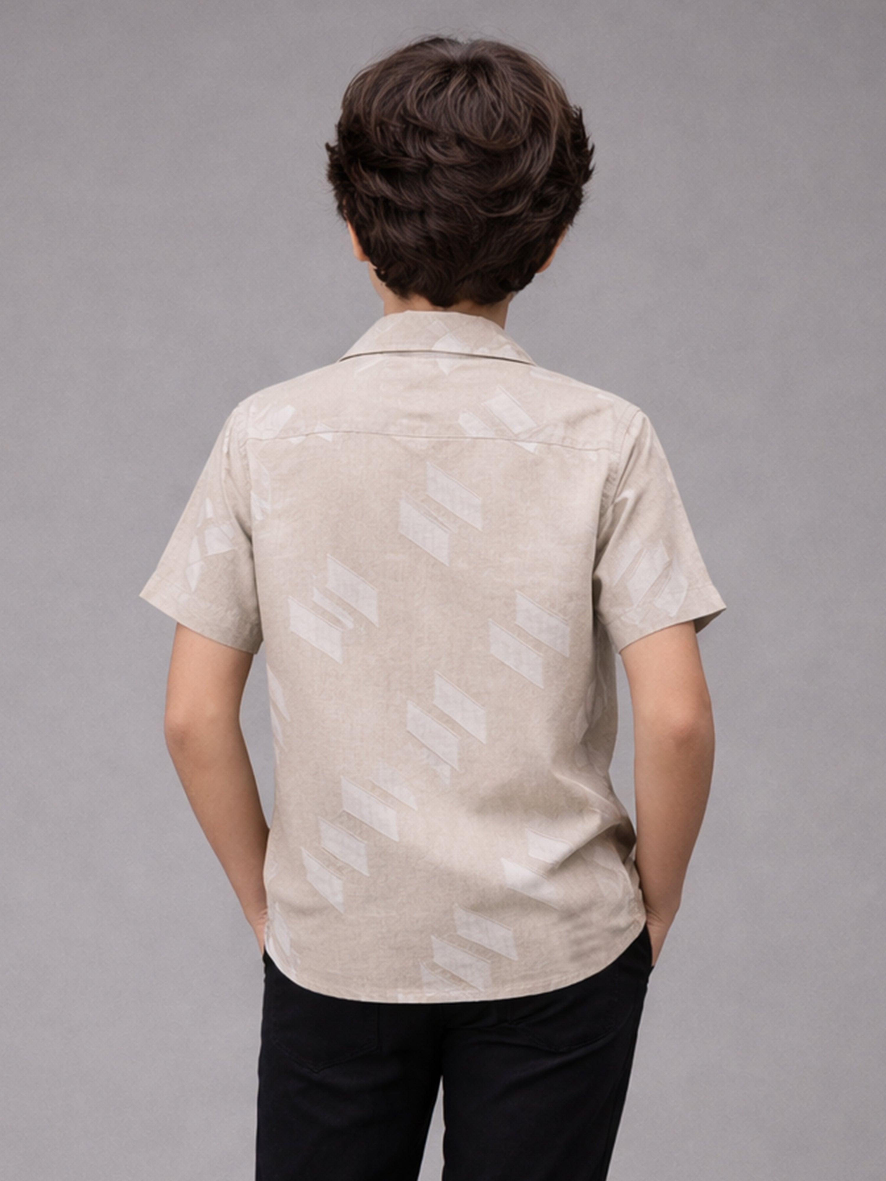 BOYS SATIN SELF PATTERN CUBAN COLLAR SHIRT WHITE-(BCUS-7216-012-0308-4WH)