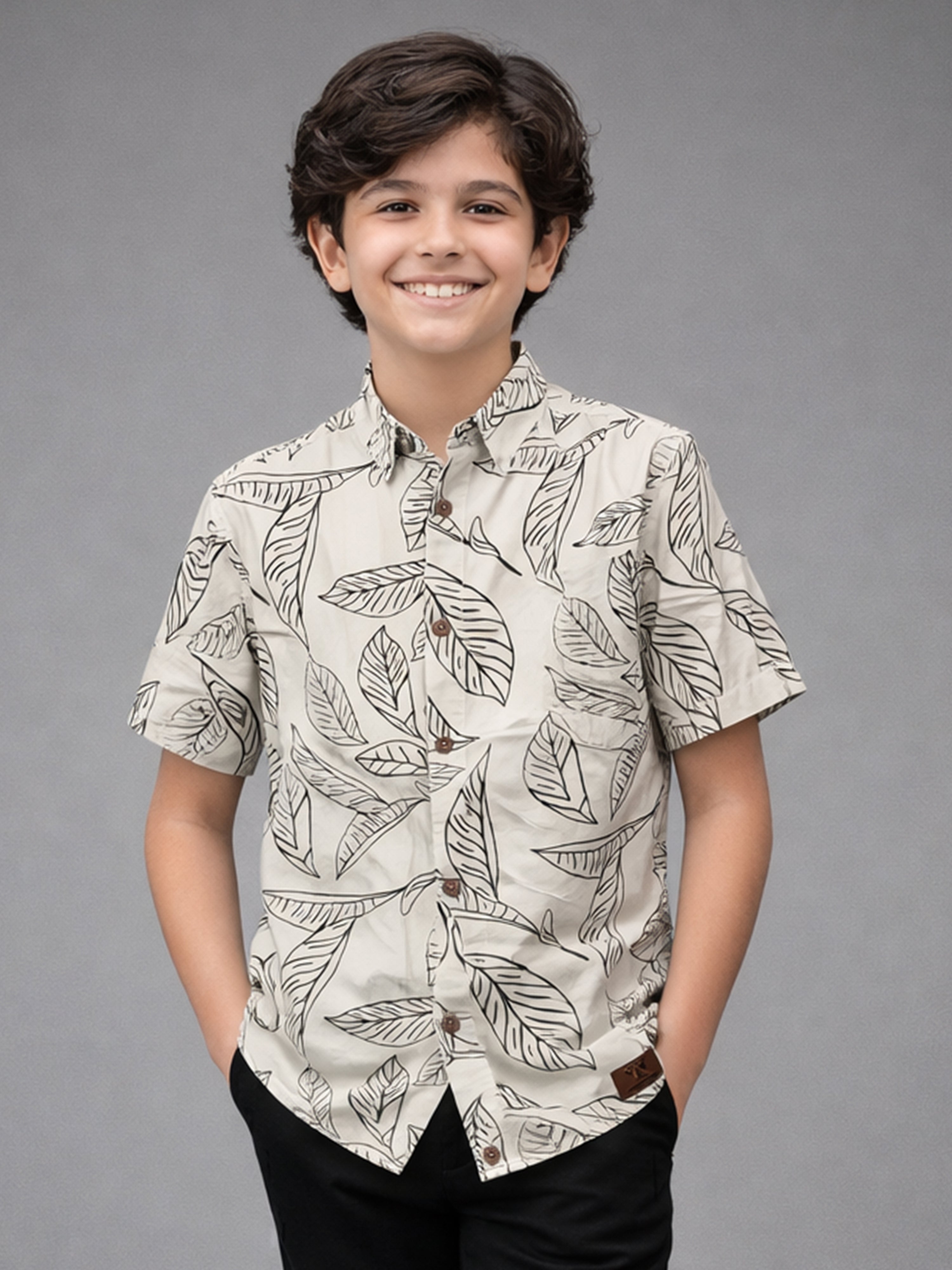BOYS Cotton Leaf Print Shirt White-(BRS-6677-015-0308-1WH)