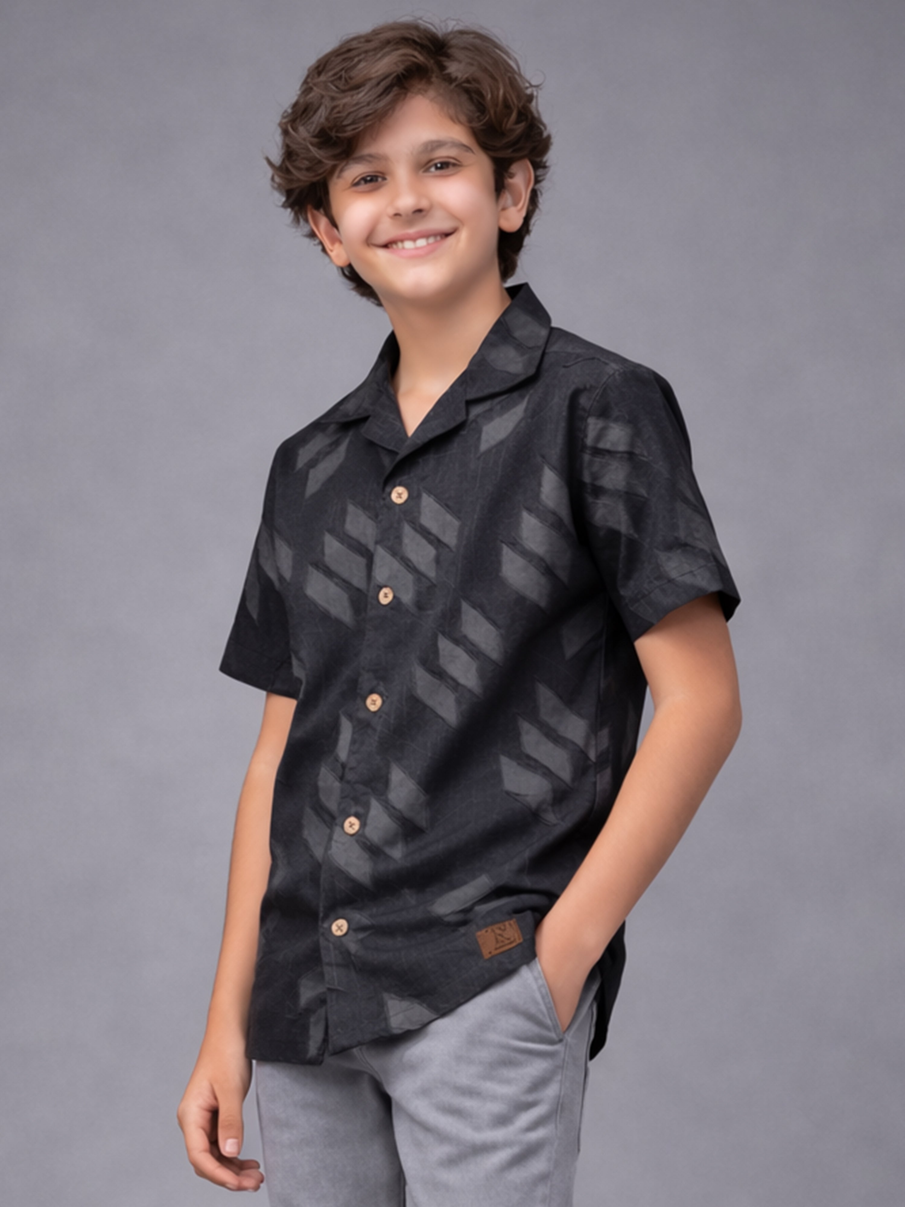 BOYS SATIN SELF PATTERN CUBAN COLLAR SHIRT GREY-(BCUS-7216-012-0308-3GR)